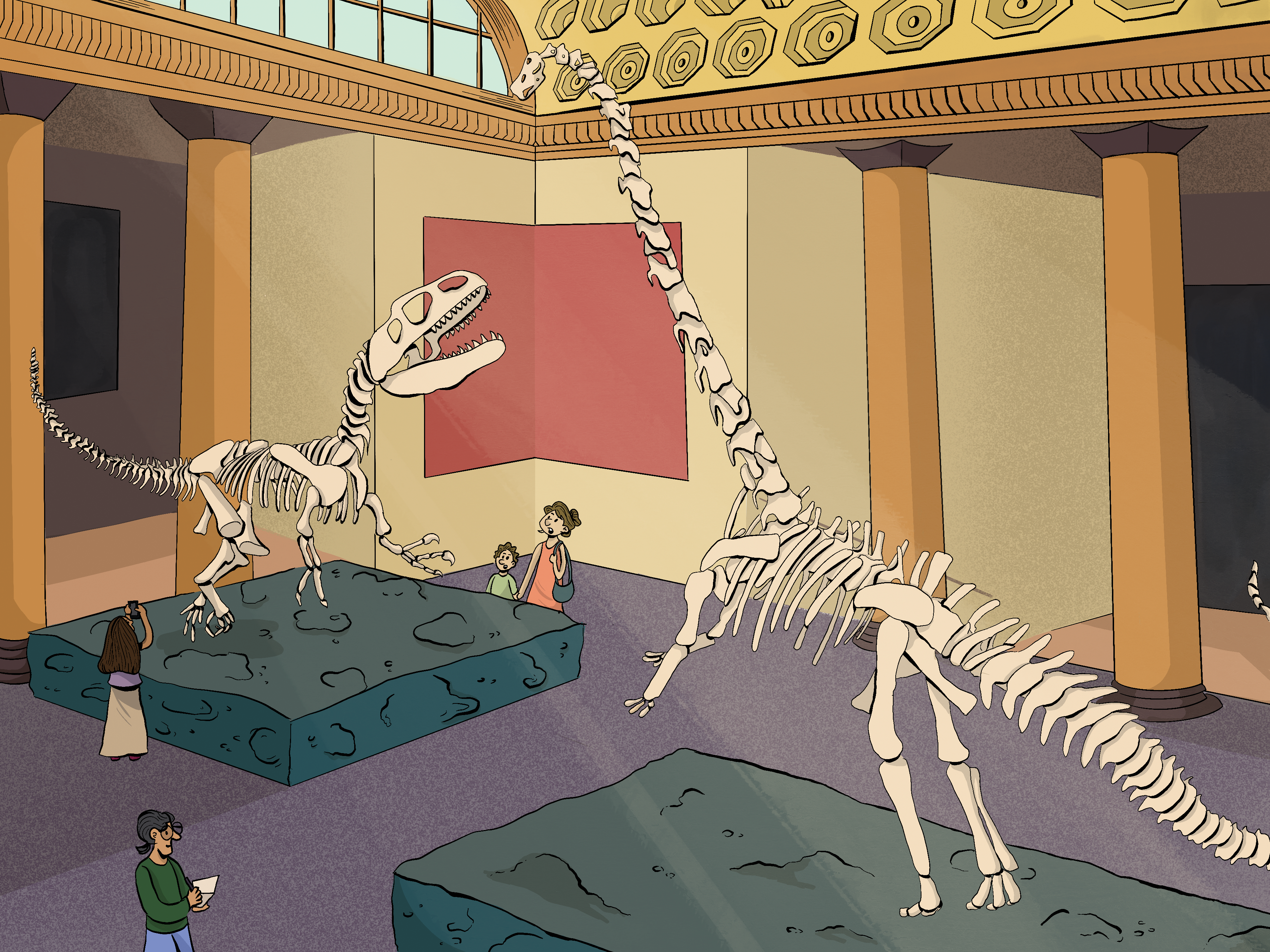 The image shows two dinosaur fossils being looked at by several viewers at the museum. It is drawn digitally using the software Procreate.