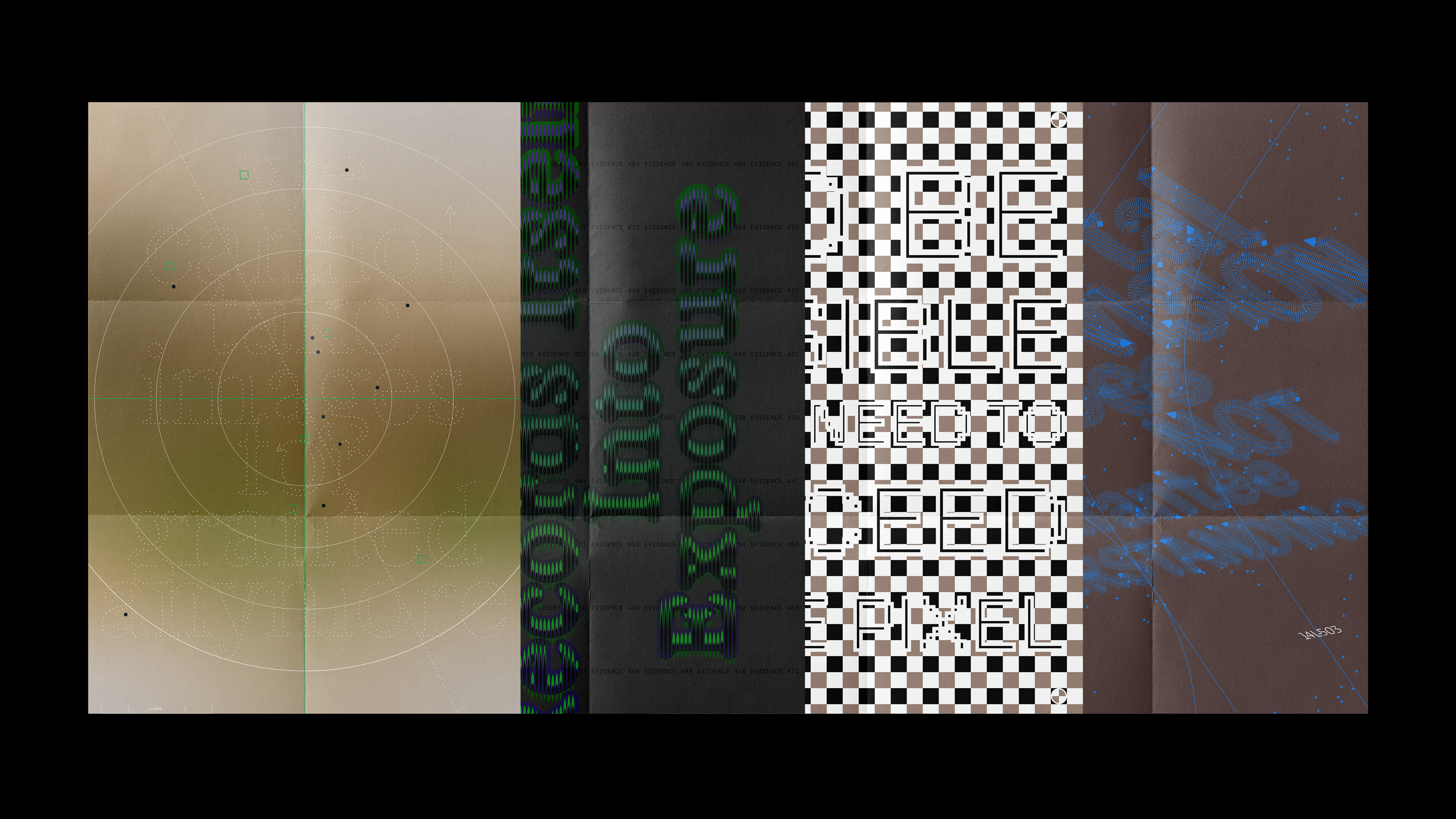 a crosshair target on a golden-brown gradient; dark columns of heat mapped vertical text; a black-and-white calibration targets with pixelated white letterforms reading "TO BE VISIBLE YOU NEED TO EXCEED ONE PIXEL"; navigation aerial view on brown background.