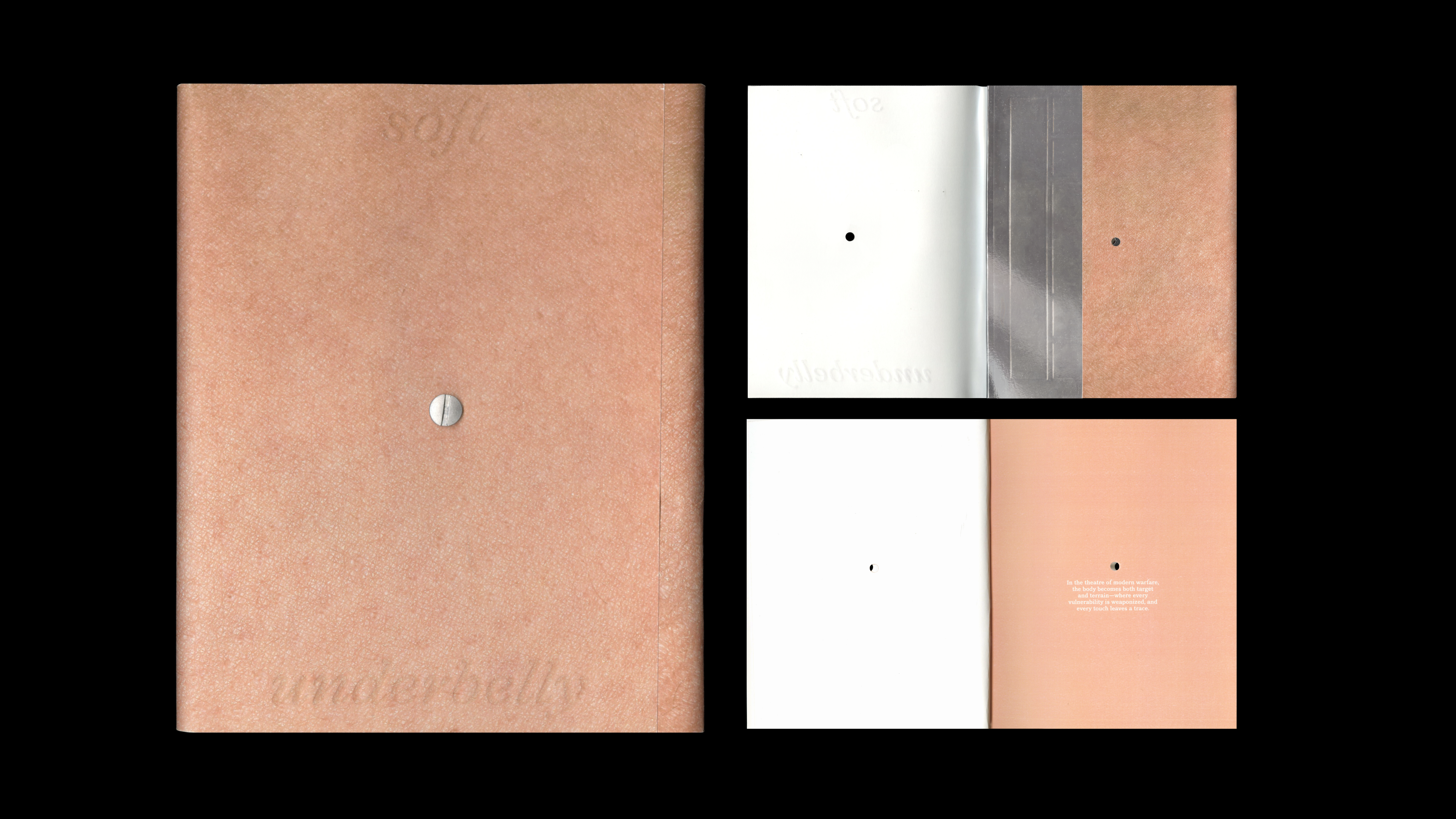 a small format book with a skin rough-textured cover, debossed text reading "soft" and "underbelly," a chrome screw at center. Right: revealing book cover — one showing a mirrored silver spine with recognition shapes debossed, one pairing a white page with a peach page of small white body text.