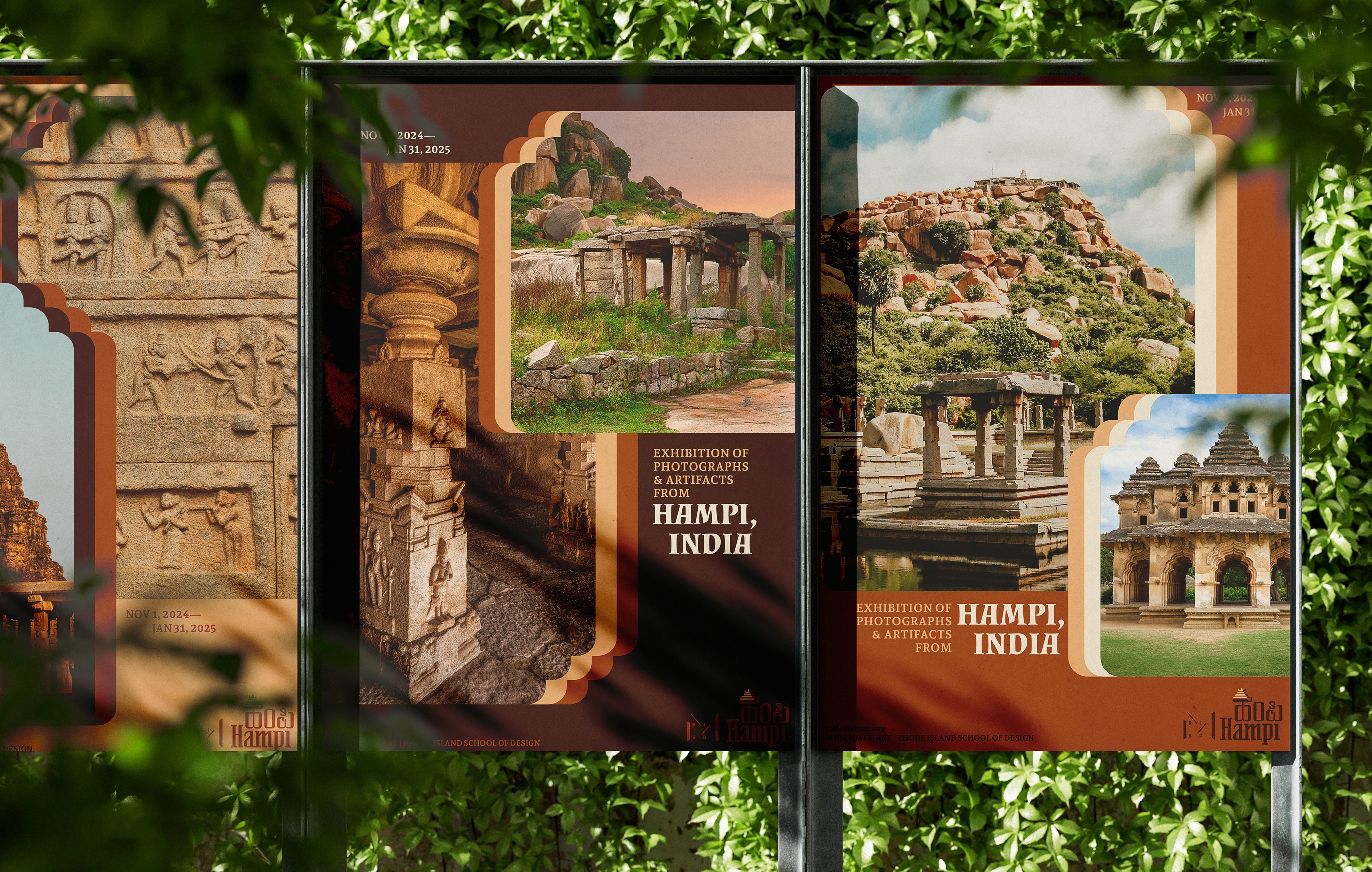 Exhibition posters for Hampi, India display the bilingual identity system with warm terracotta and cream color palettes, featuring photographs of ancient stone…Exhibition posters for Hampi, India display the bilingual identity system with warm terracotta and cream