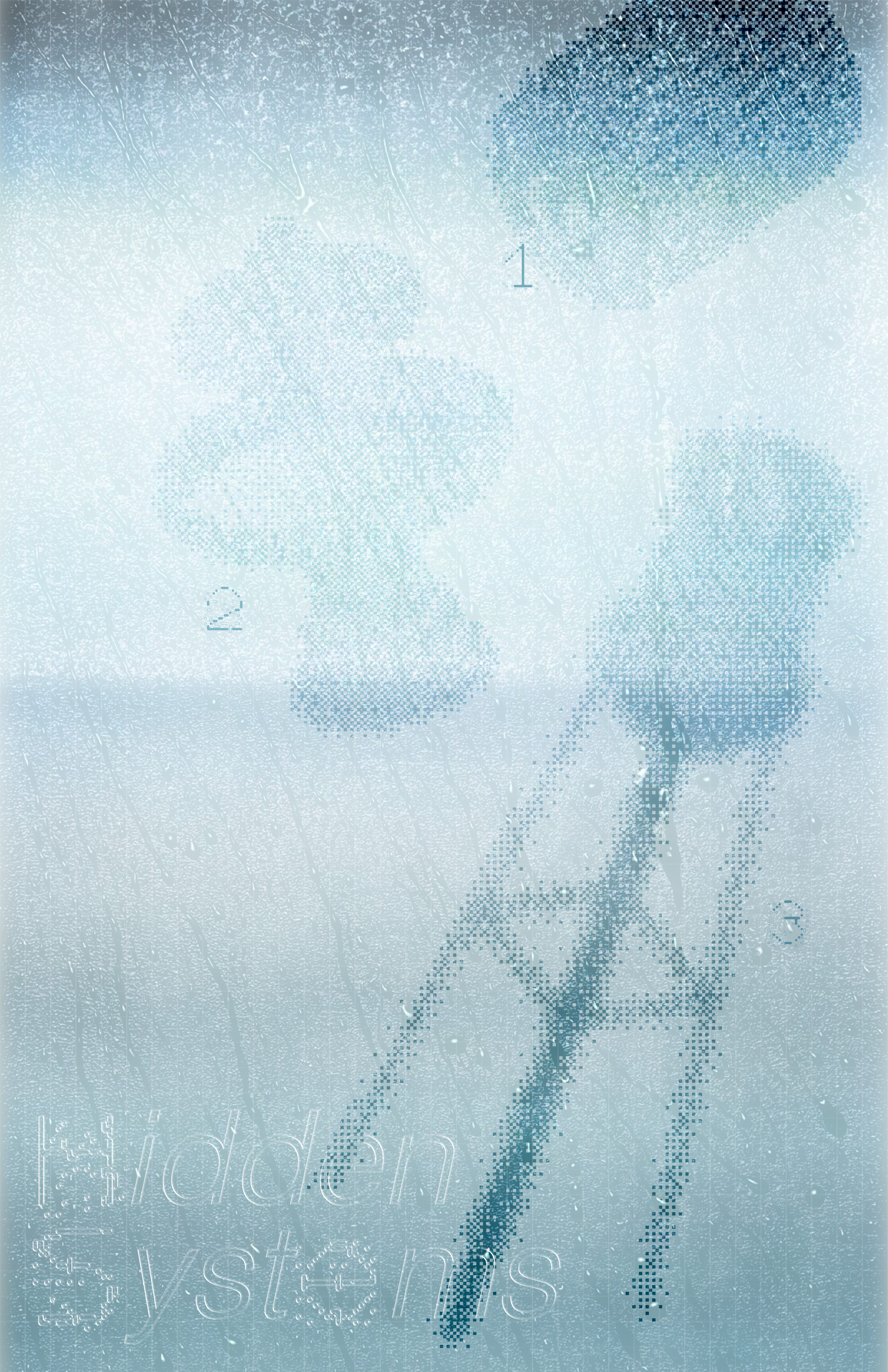 Blue-toned poster layering abstract infrastructural forms, halftone textures, and condensation effects to reveal hidden urban water and civic systems.