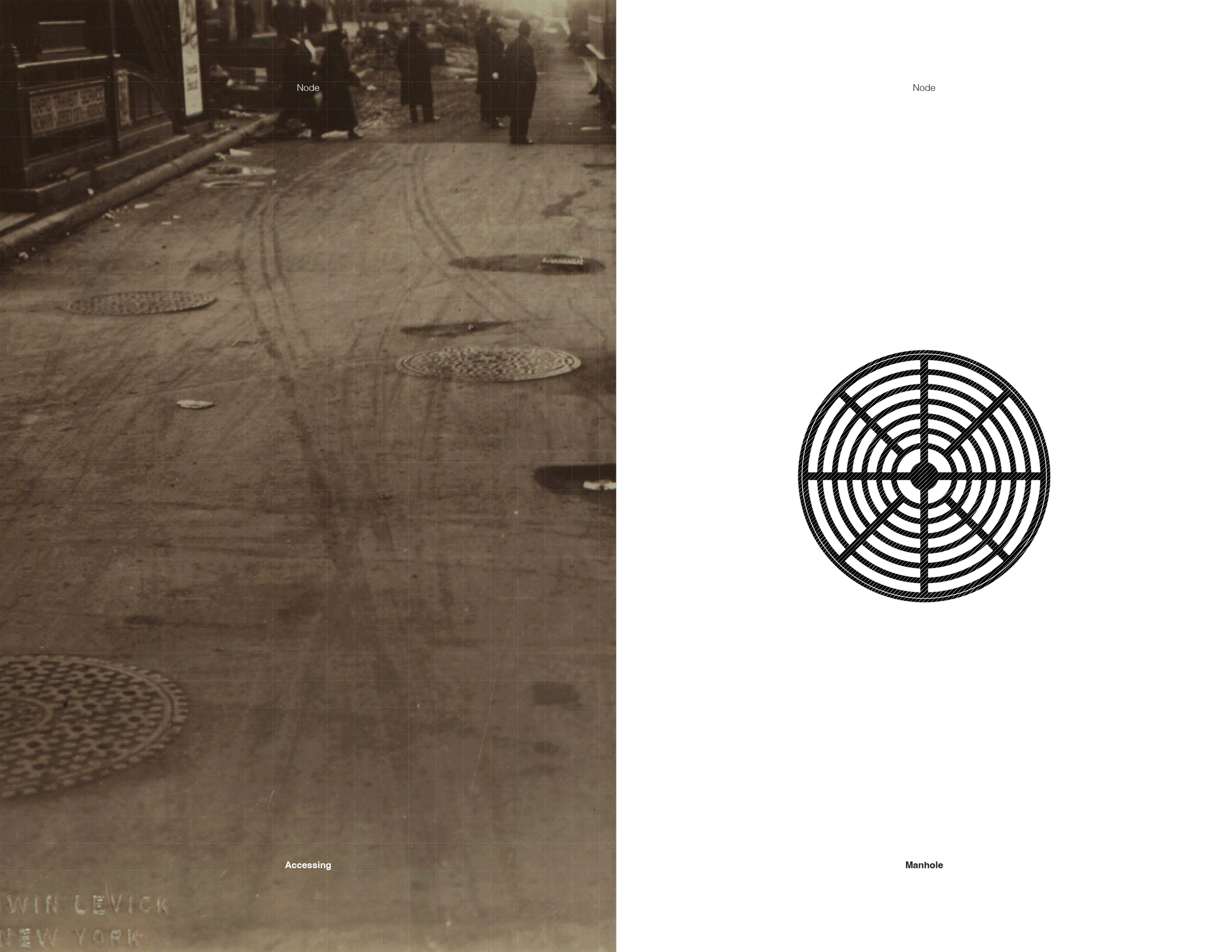 Animated split-screen composition juxtaposing images from the RISD Picture Collection against black-and-white architectural drawings. Depicts nodes within water infrastructure, indicating points of engagement within the larger network.
