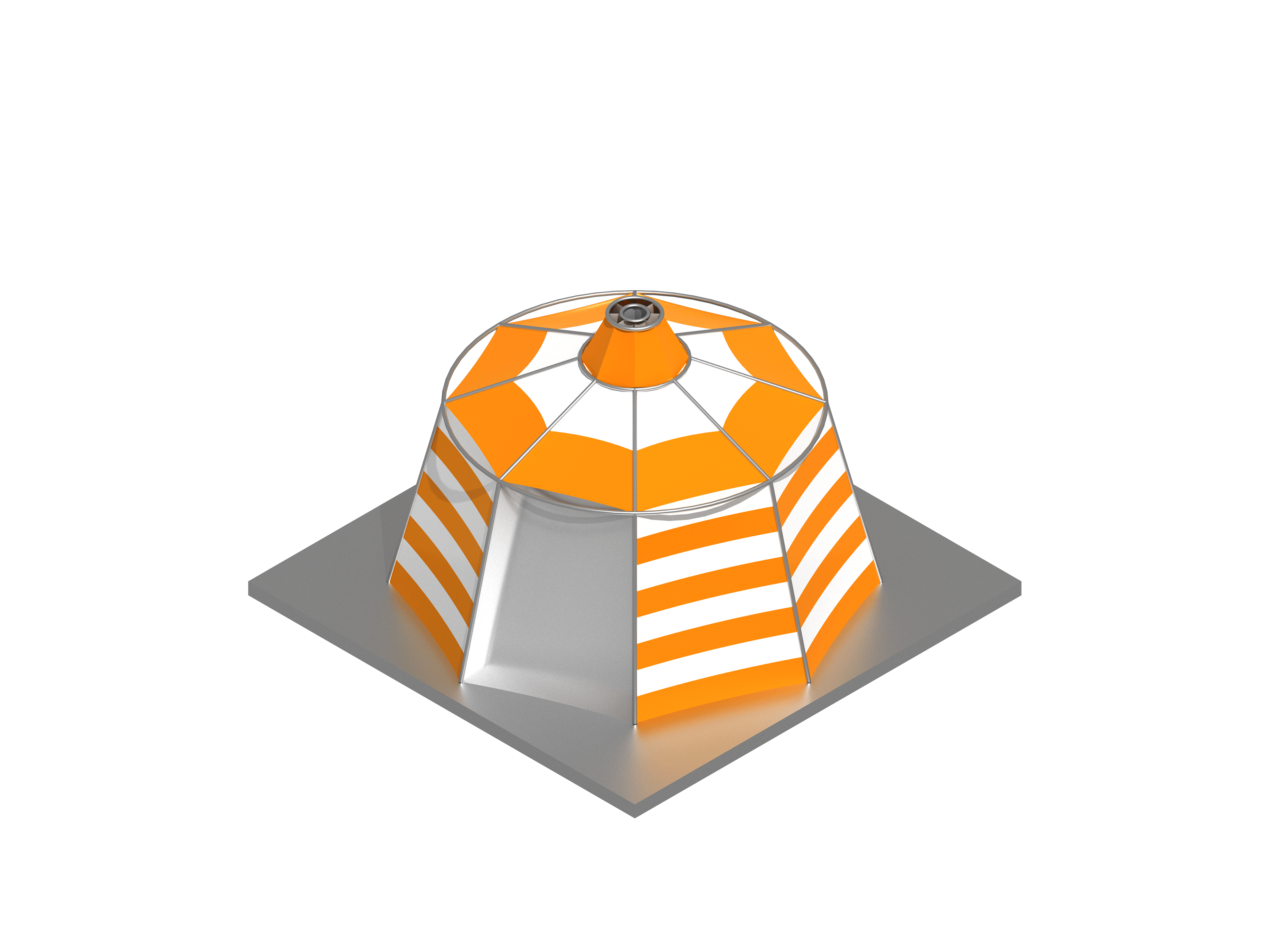 Animated orange-and-white striped warming station, alluding to the Con Edison steam stacks previously studied. The tensile structure combines various material transparencies for circulation, warmth, and program. 