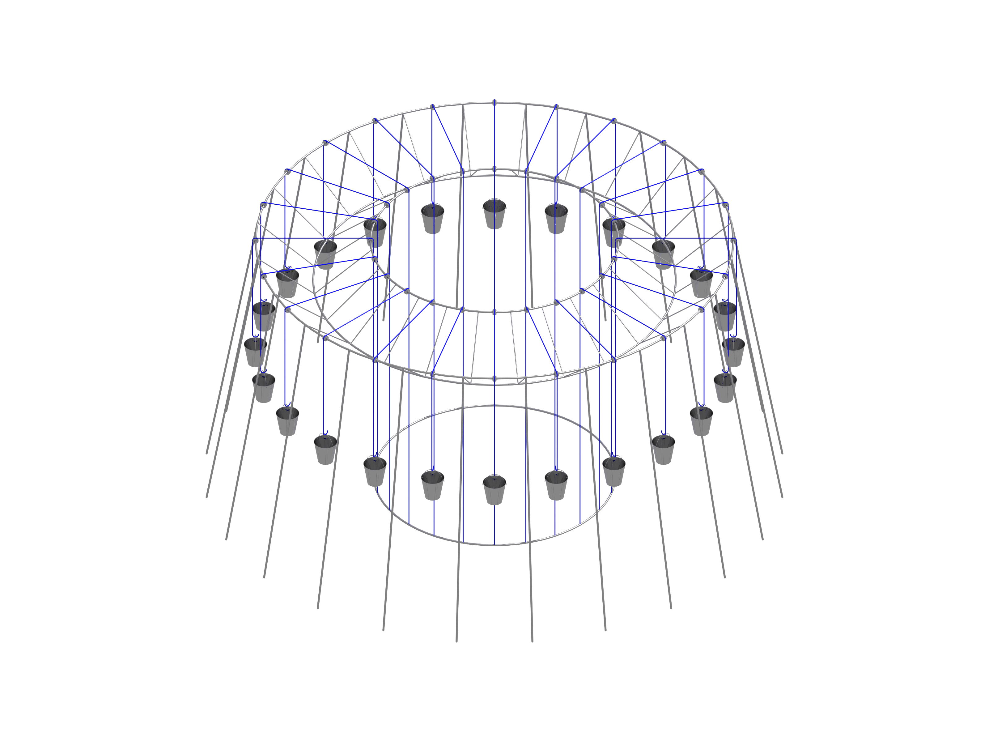 Animated bucket pavilion visualizing various states of rainwater collection. The structure is made of silver circular tubing and blue fibrous material to hang each bucket. 