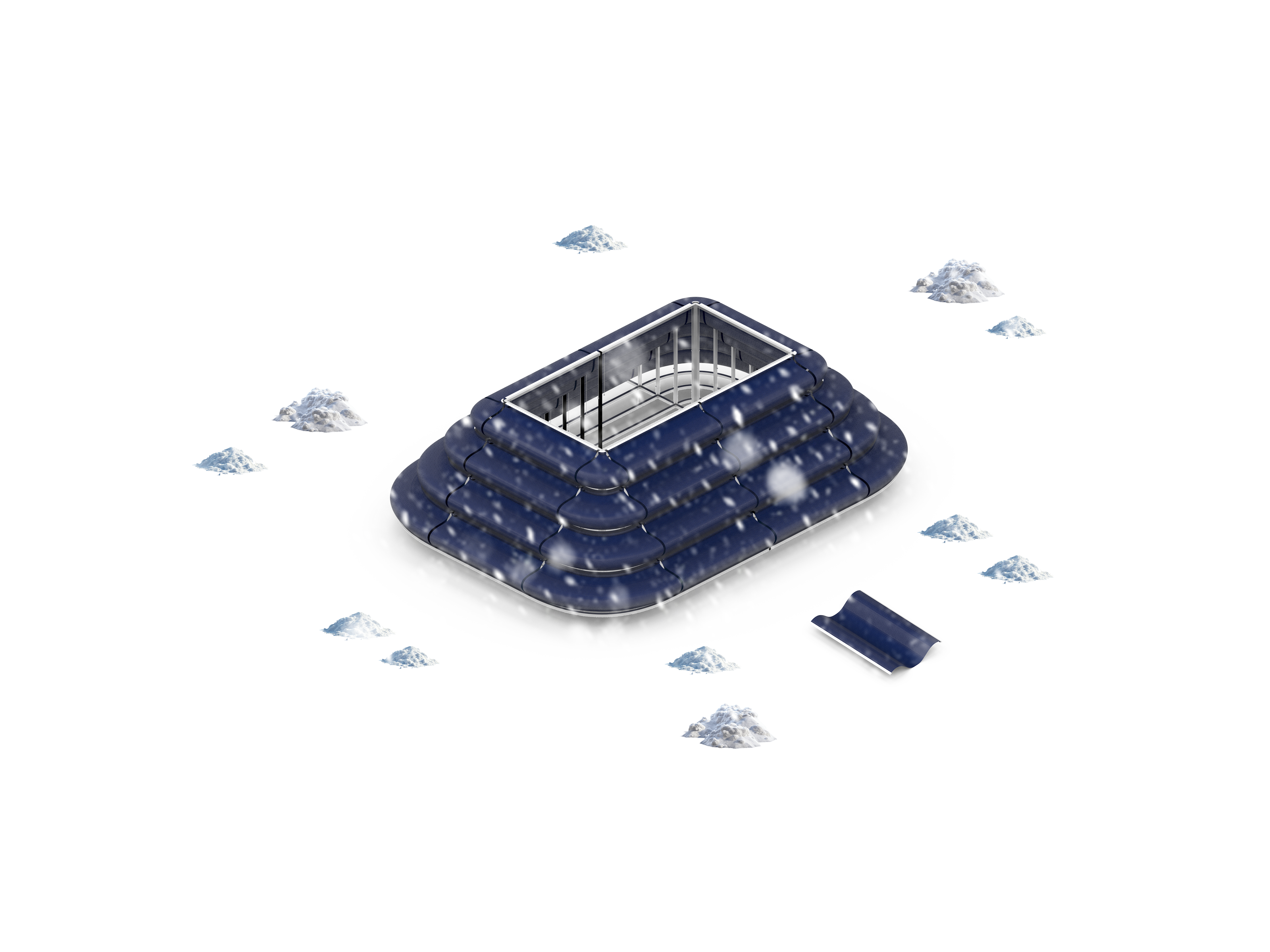 Rendered puffy architectural form surrounded by animated snowfall and snow piles, exploring accumulation, atmosphere, and snow as a temporary architectural material.