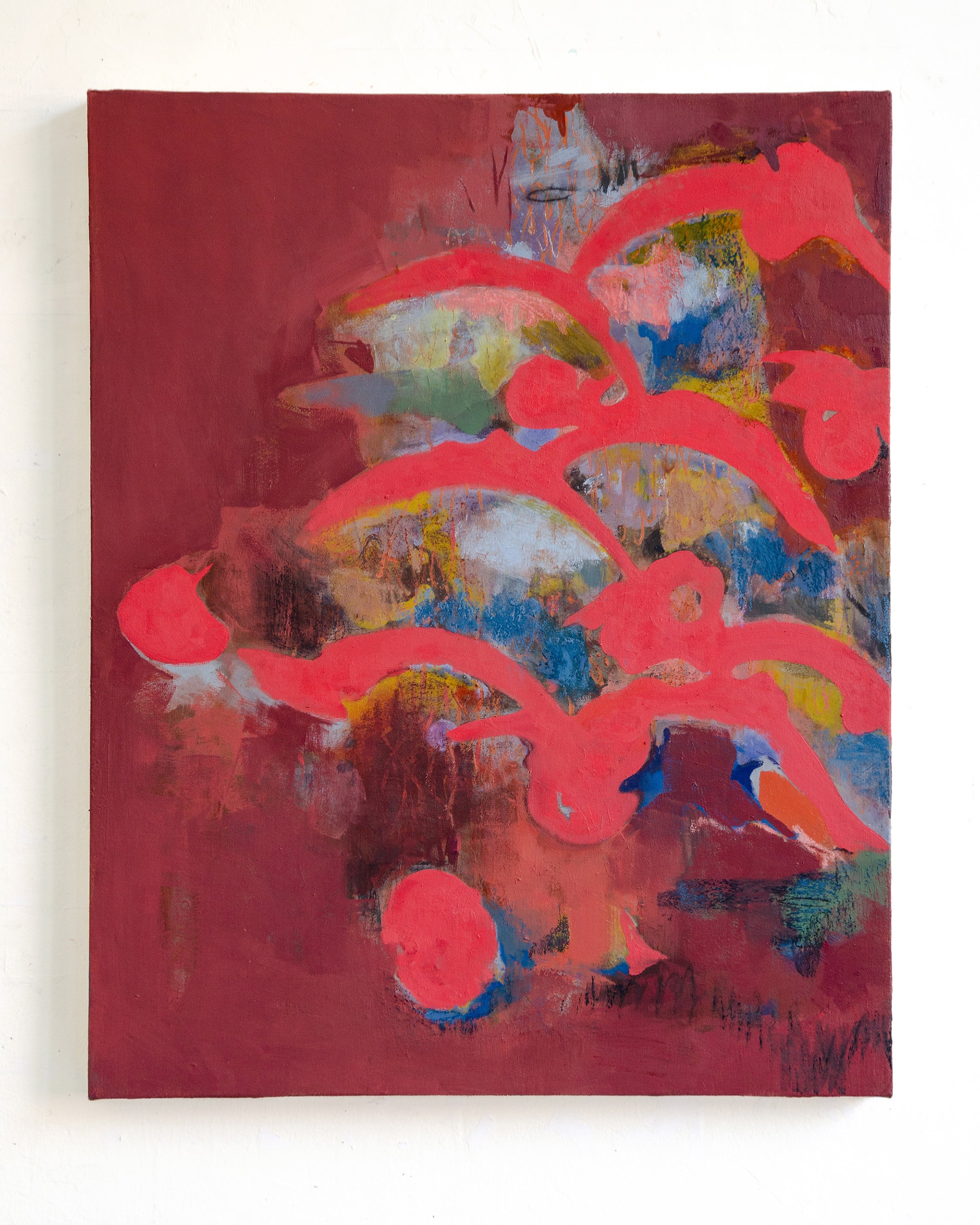 A group of abstract red curves interconnect on a deeper red field, where spots of blue, yellow, orange paint marks emerge. 