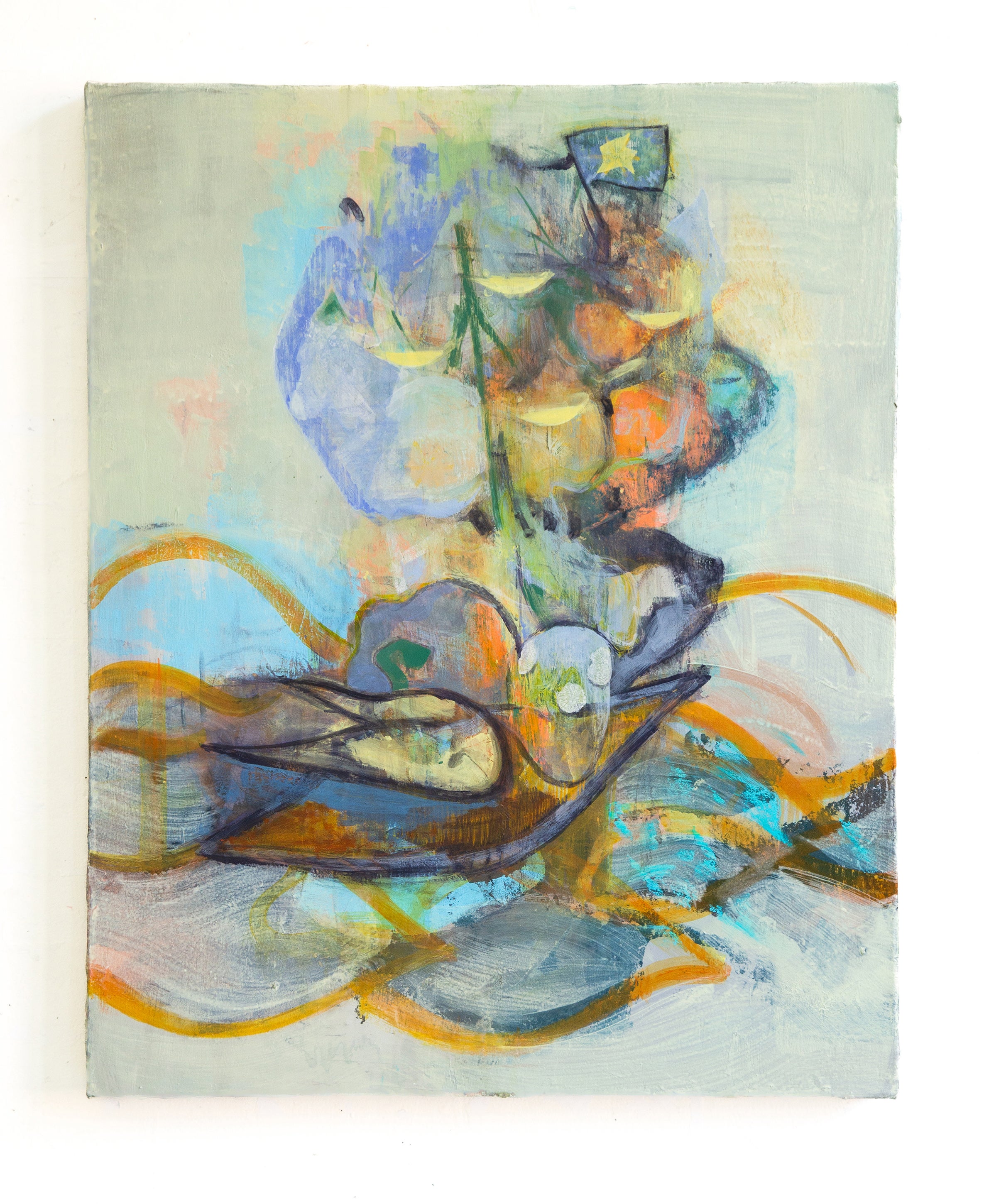 Patches of orange, blue paint marks interweave with dark skeleton-like abstract lines on a pale yellow-green field.