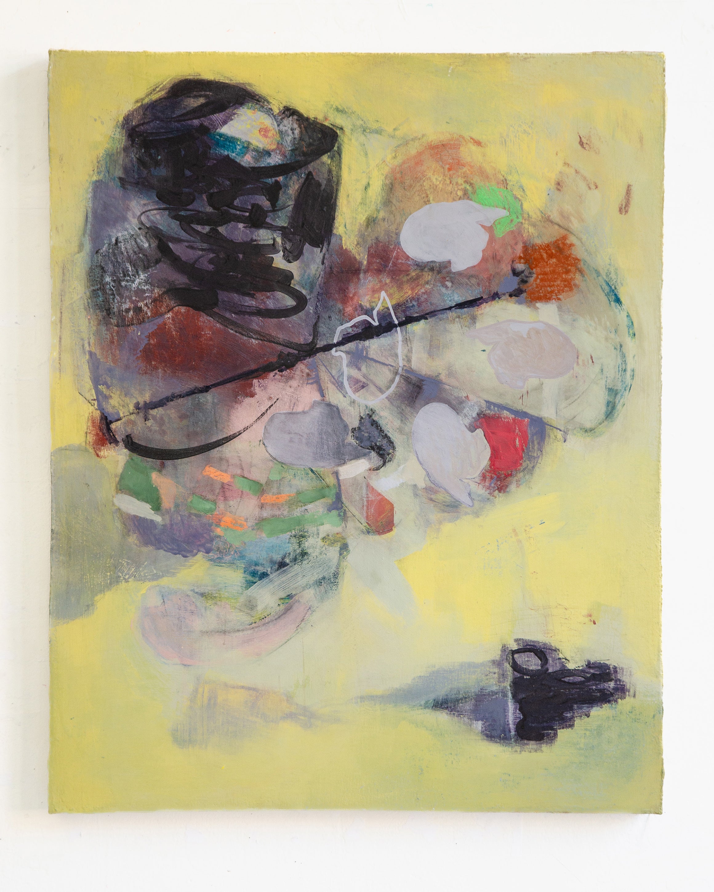 On a light yellow background, a big dark mass that has scribbles gesture takes up center and upper left of the image. 