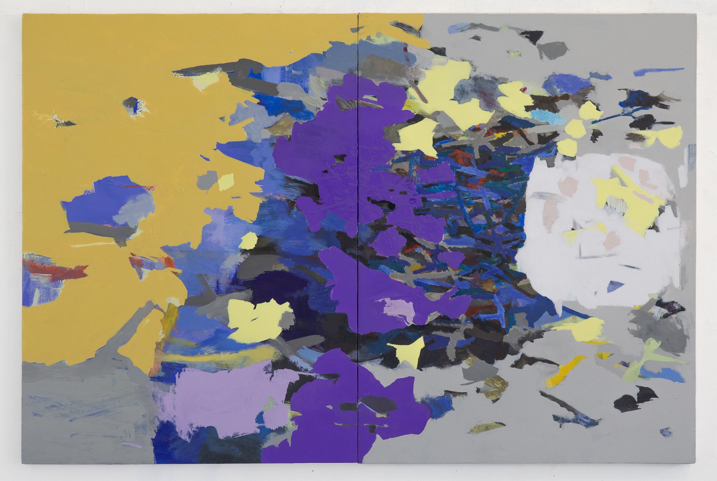 A series of hard edge abstract shapes in varied shades of yellow, purple, blue, grey, that forms a dark mass in the middle.  