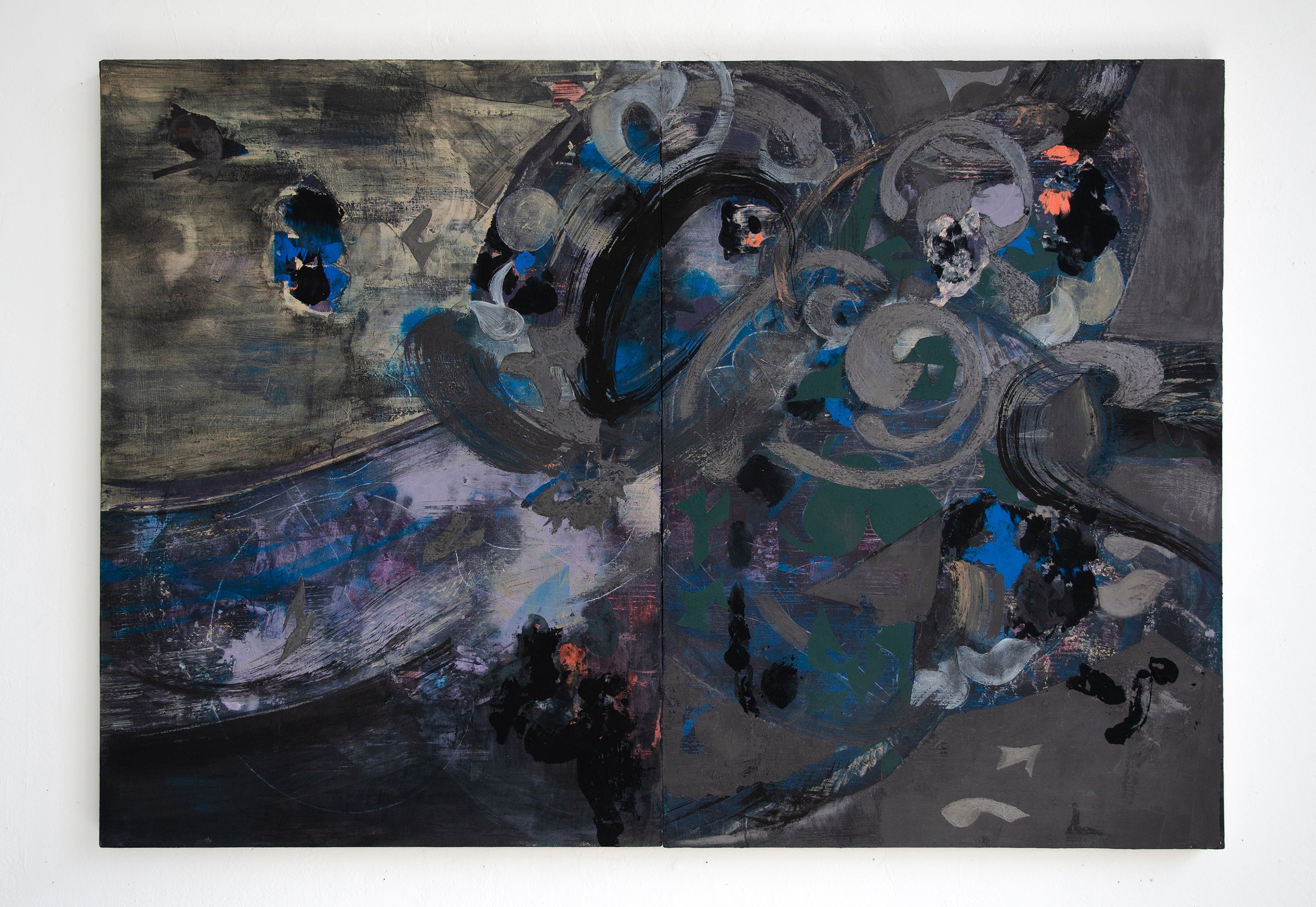 A dark grey painting with ink black calligraphical strokes, and marks, layering with spots of vibrant blue and orange paint.