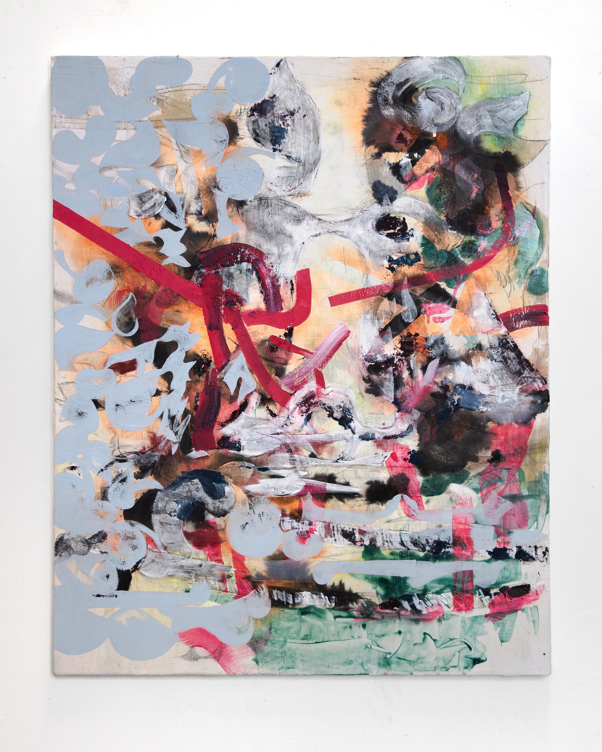 A series of red lines twisted in central composition, interweaving with ink black, green, and small pale blue shapes.