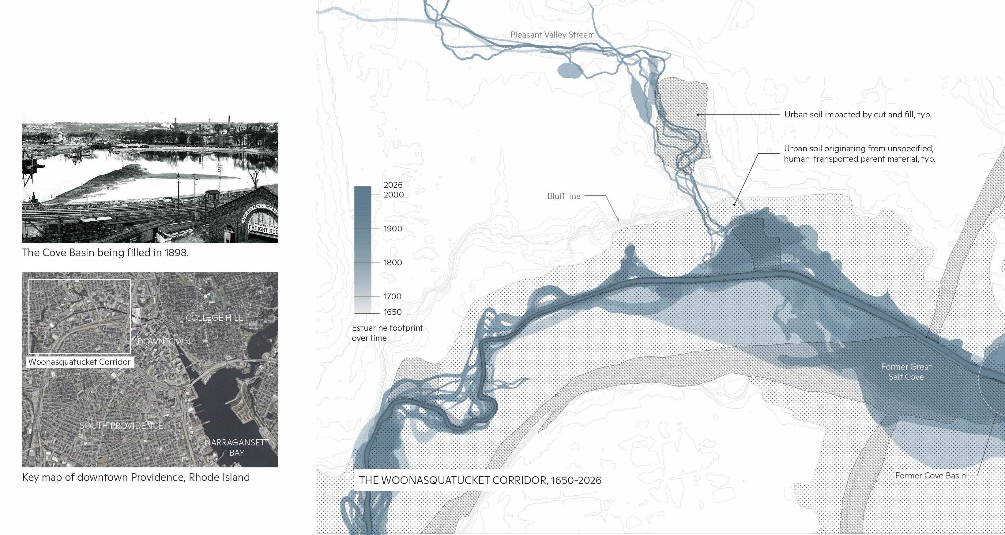 A map of the Woonasquatucket Corridor in downtown Providence using blue layers to show how the river has been progressively engineered and channelized since it was first mapped by colonists in the 1700s. 