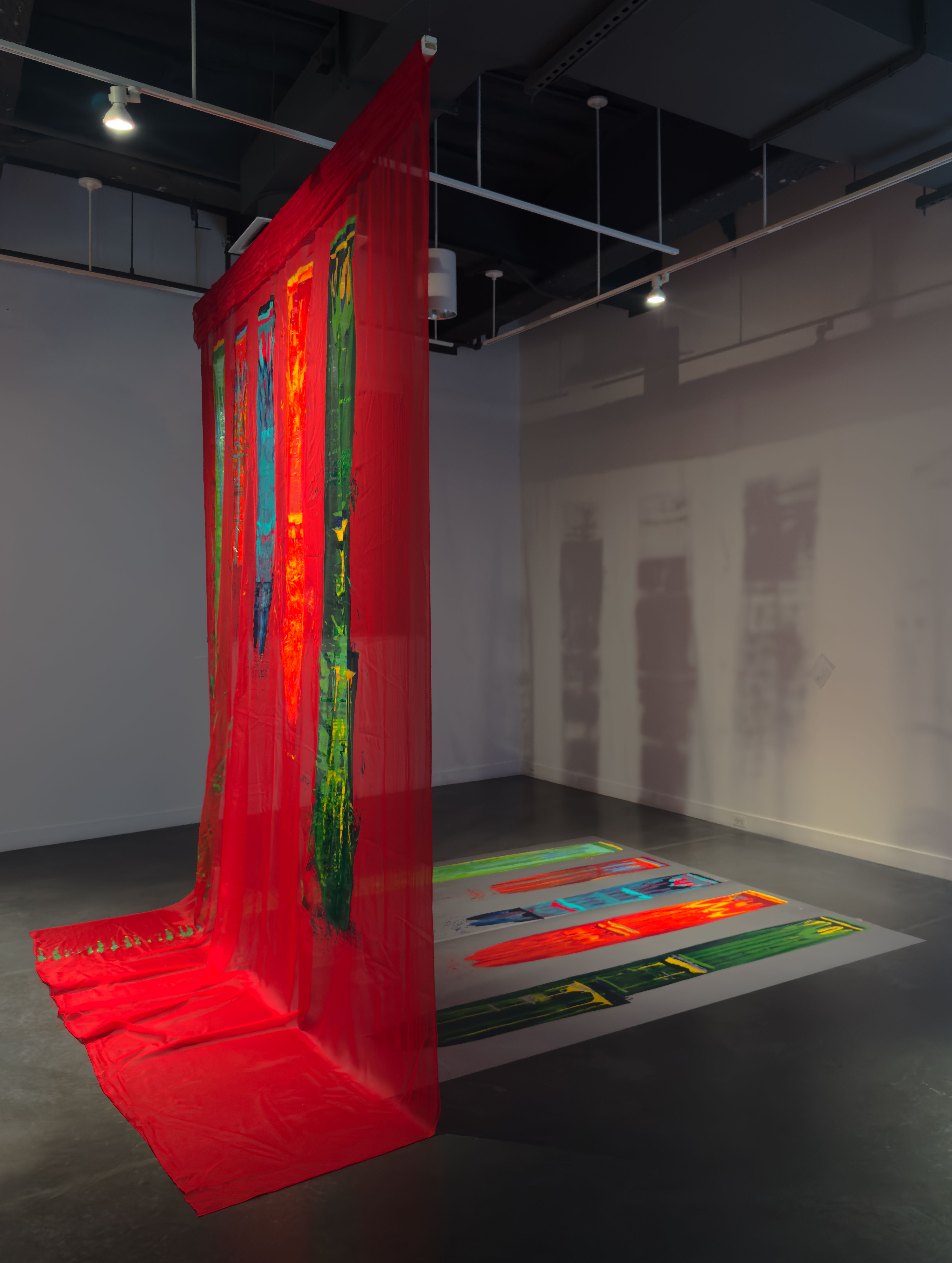 Its an Installation of a red shear fabric hanging vertically, projecting its shadow on wall and ground. the ground contains vellum sheet, a print from the fabric. it contains five long gestural marks.