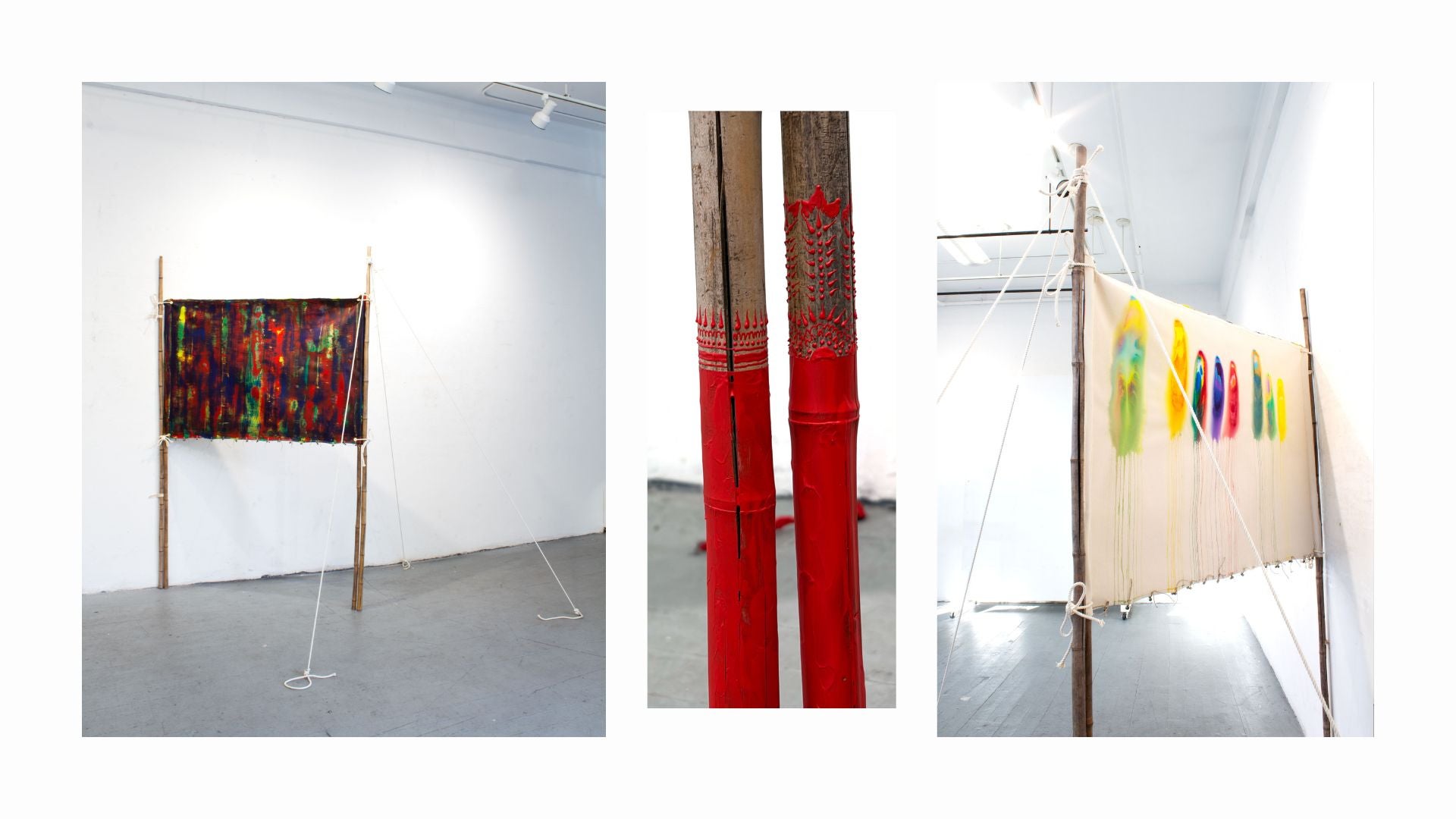 This piece stands on two bamboo, attached to the wall from one end, and coming off of the wall diagonally. this bamboo is balanced with three ropes attached the the floor.