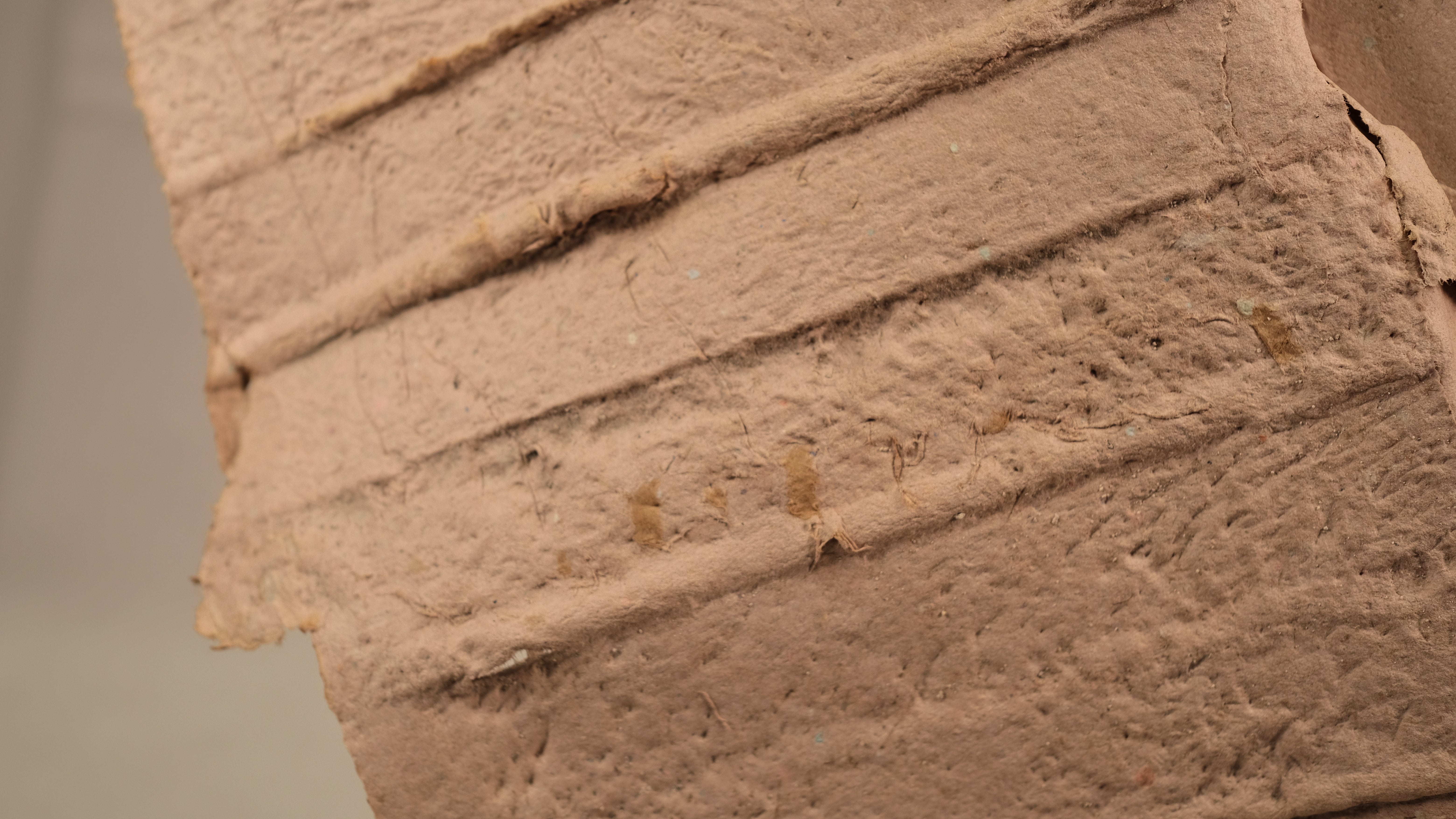 Close-up of a handmade paper cast showing the impressed texture of wooden lathing strips from a historic interior wall.
