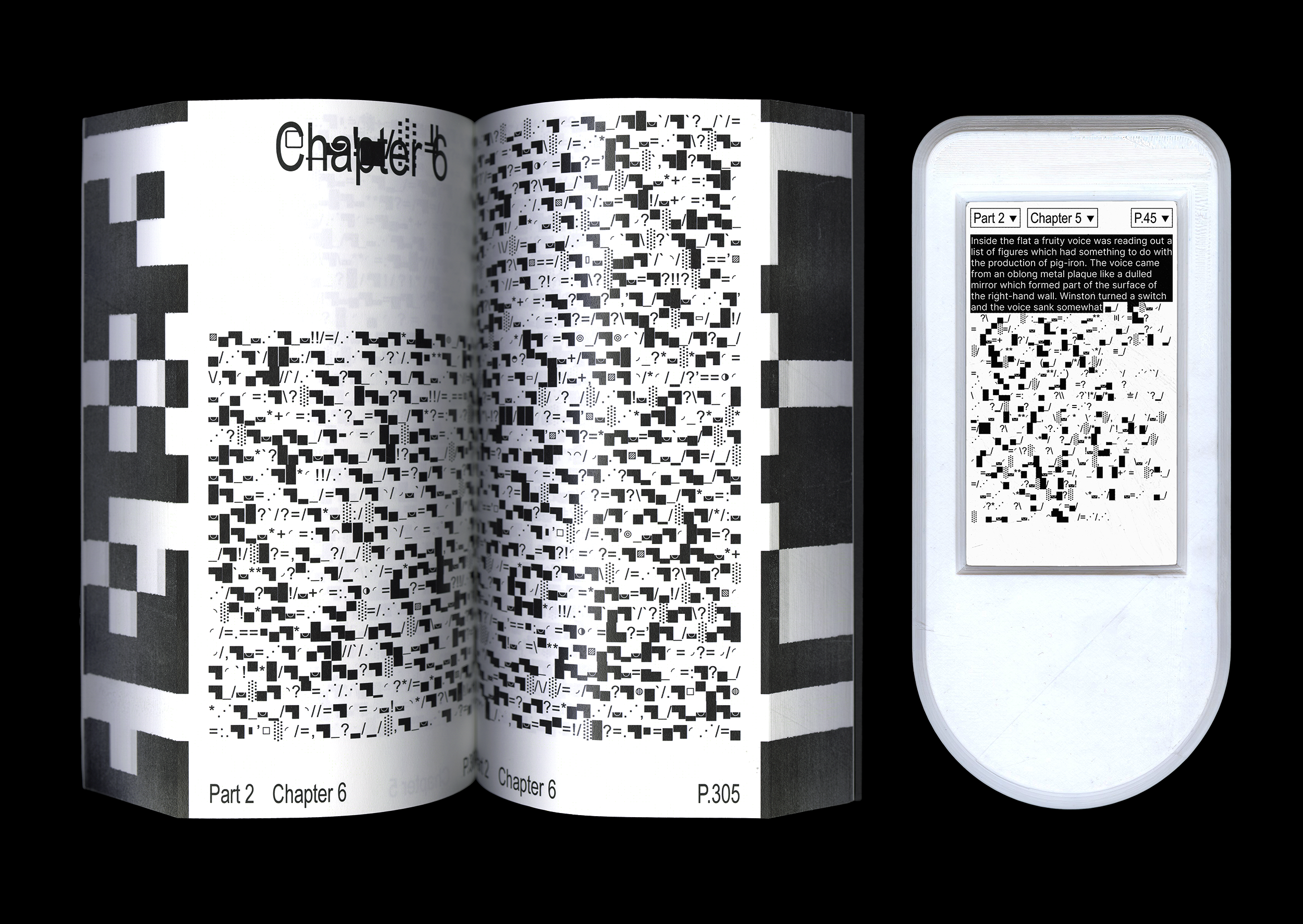 Spread of the book 1984. The content is encoded in a new language, and next to that, there is a decoding device.