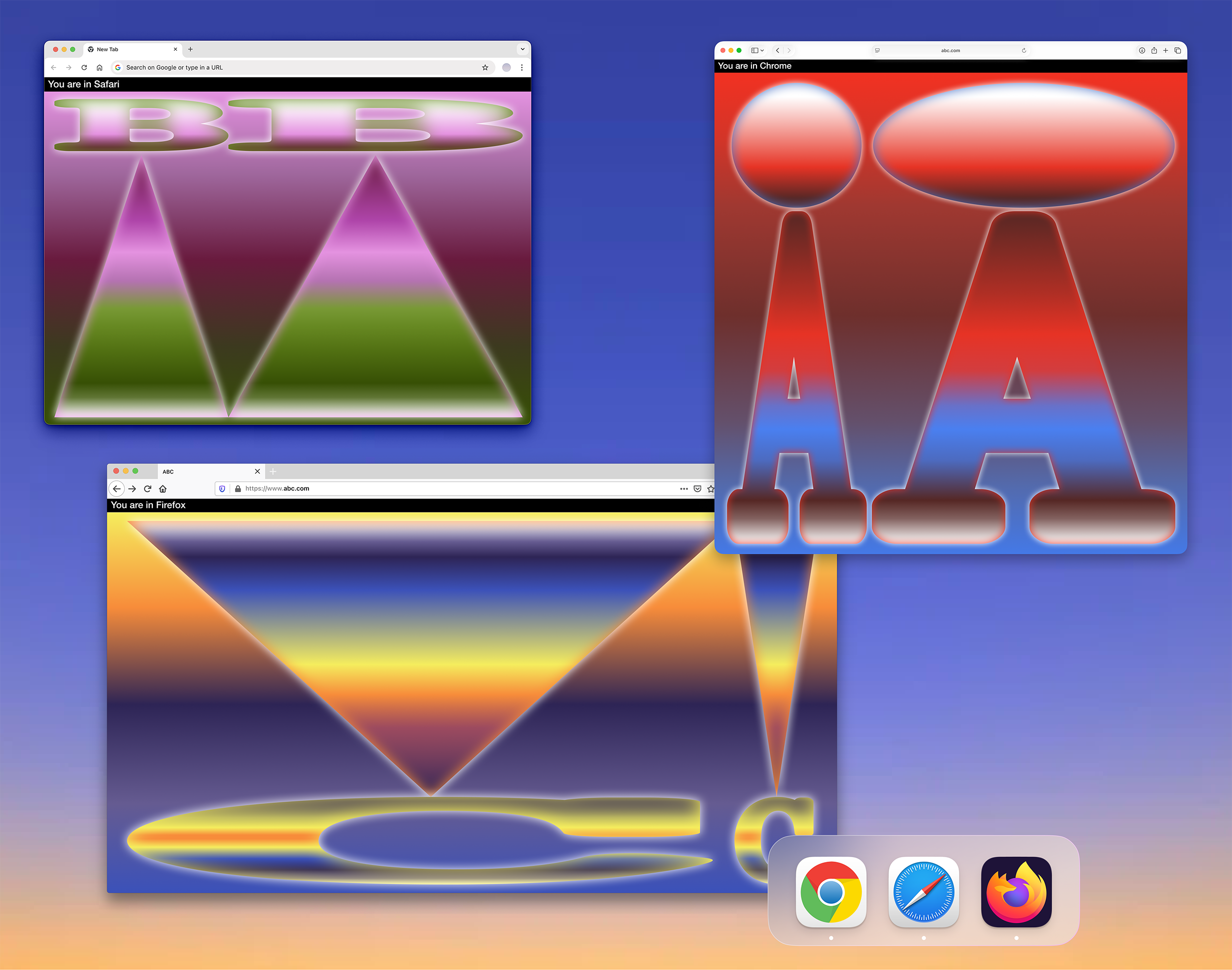 Identical domains open in different browsers such as Safari, Chrome, Firefox. Three overlapping browser windows display glowing abstract letterforms and gradients in pink, red, blue, green, and yellow against a purple desktop background.