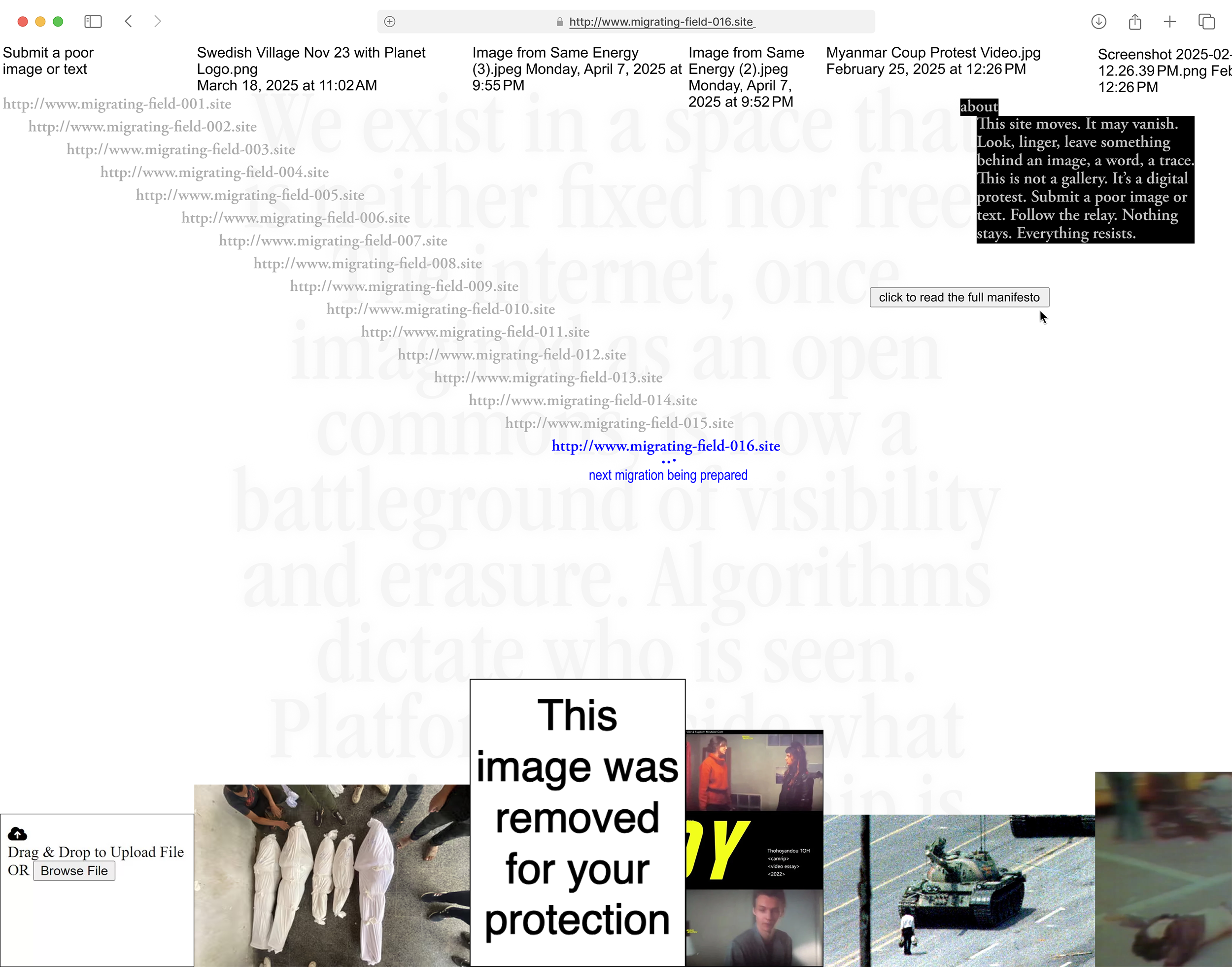 Sparse webpage with layered gray text, blue hyperlinks, uploaded image thumbnails, and a manifesto in the background.