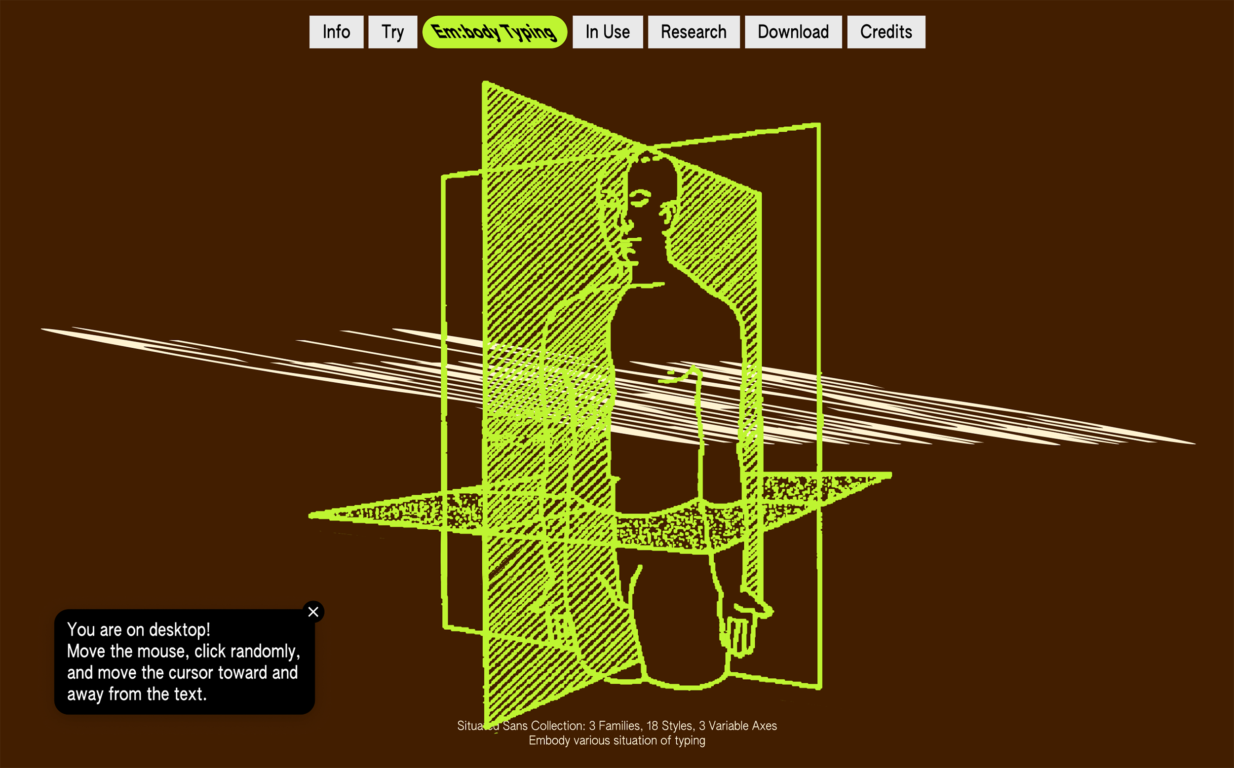 Neon green wireframe human figure and geometric planes on a brown screen interface with navigation tabs and instructional text.