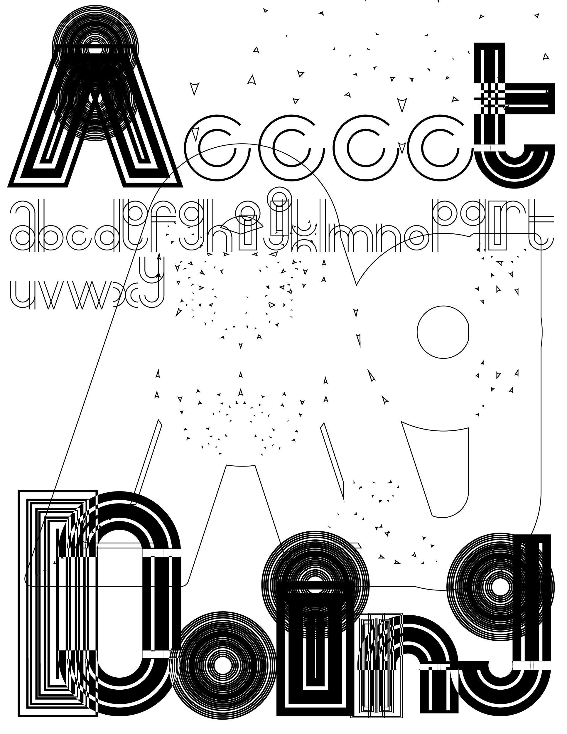 Black geometric letterforms and thin outlined text overlap across a white background with scattered triangular marks and looping connecting lines.