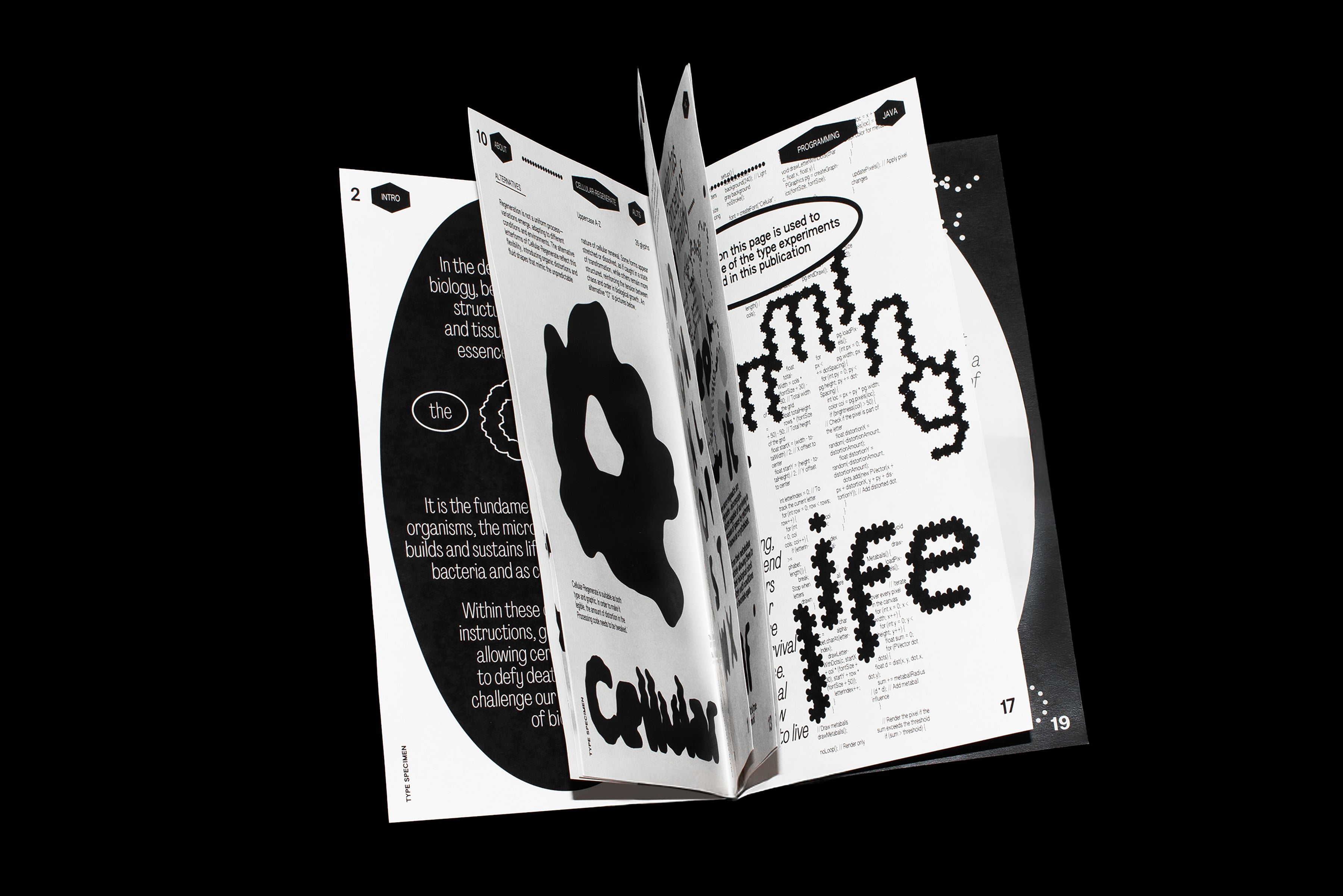 Hands flip through a black-and-white booklet titled Cellular Transfigurations, showing pixelated cellular letterforms, diagrams, and folded spreads against a black background.