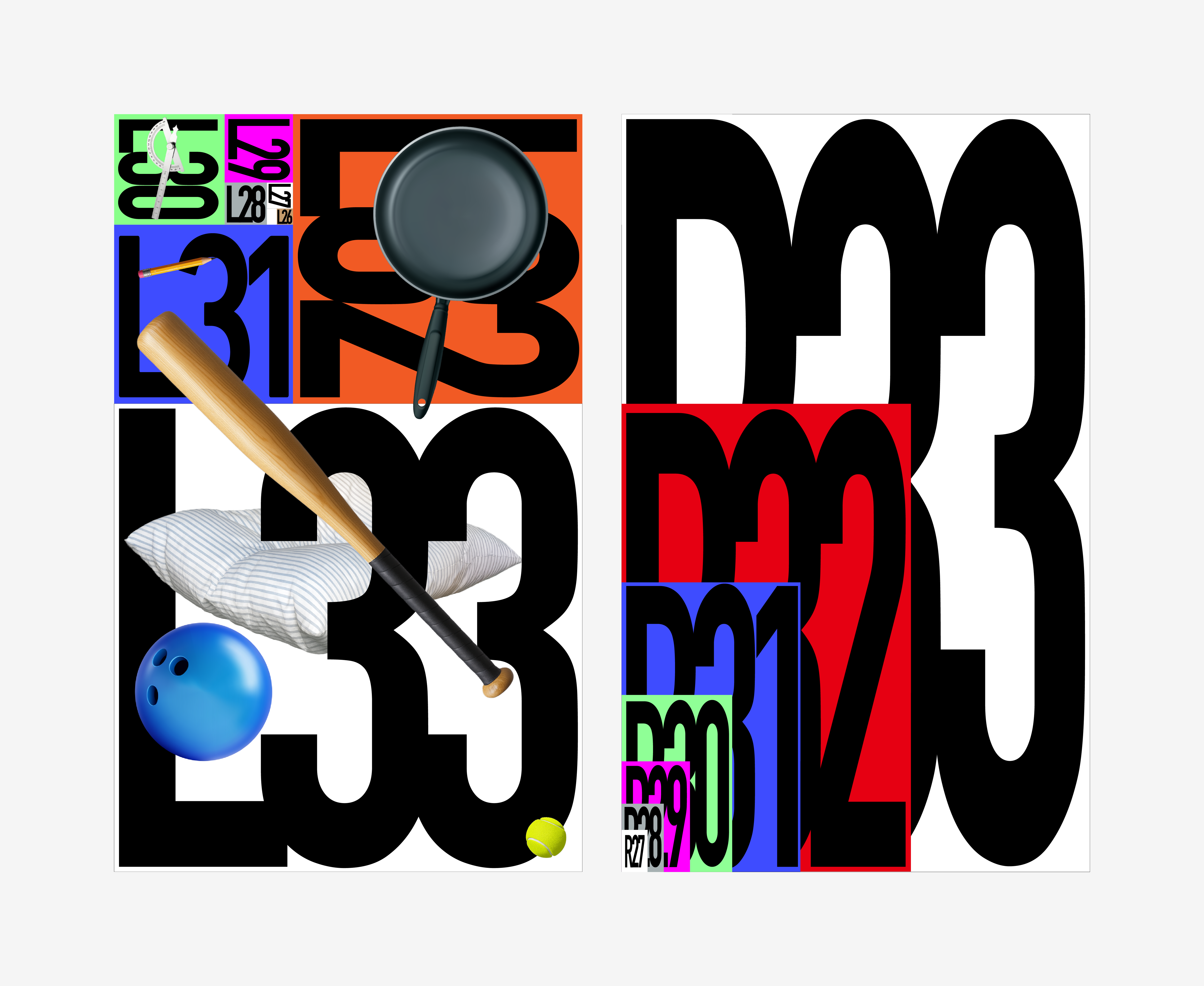 2 Posters with bold typographic compositions with oversized black numbers, bright colored blocks, and layered images of household objects including a pan, pillow, bat, pencil, and balls. 