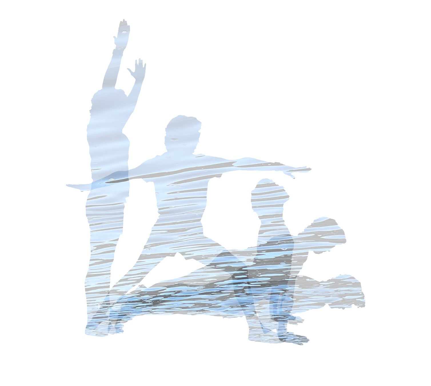 A collage of yoga poses overlaid with water