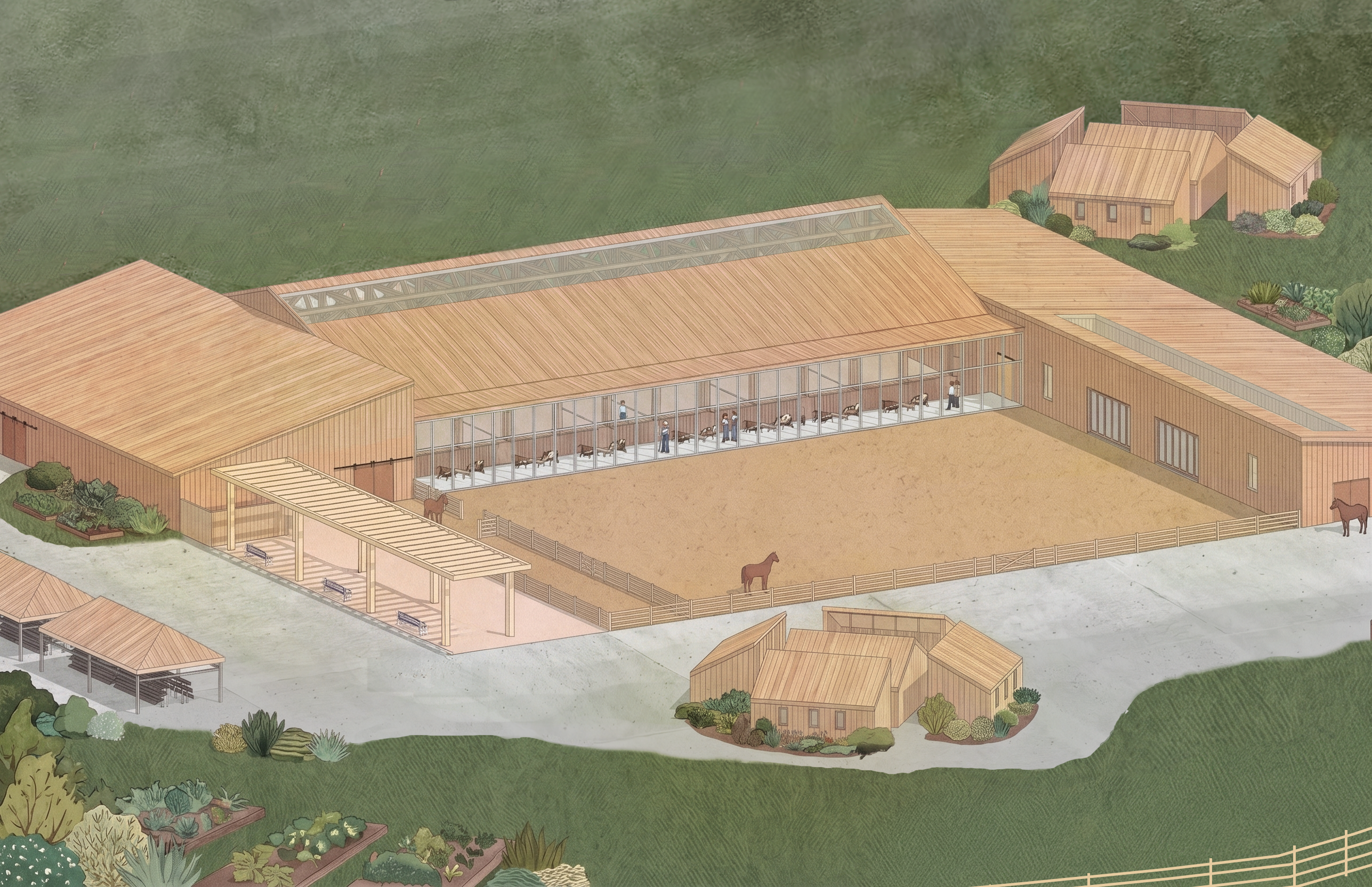 Existing stable complex retrofitted as a self-sustaining therapeutic community. Rerouted circulation connects equine therapy, agricultural production, and a public farmers' market. Patient and public access remain separate. The site stays open year-round.