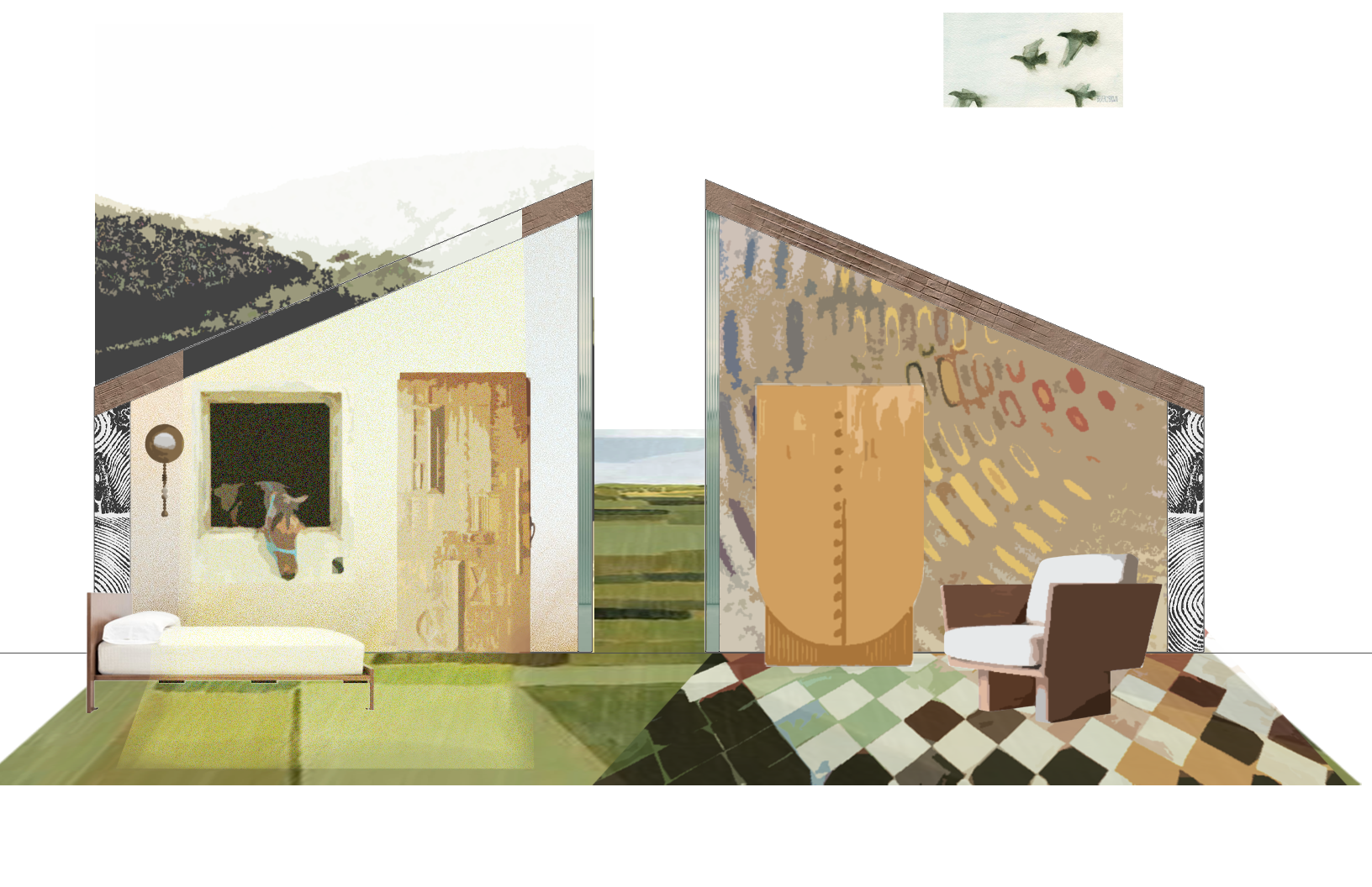 Short-term residential unit within the therapeutic circuit. Interior opens visually toward the barn through a glazed partition. Designed for rest and gradual reengagement with the site's daily rhythms.