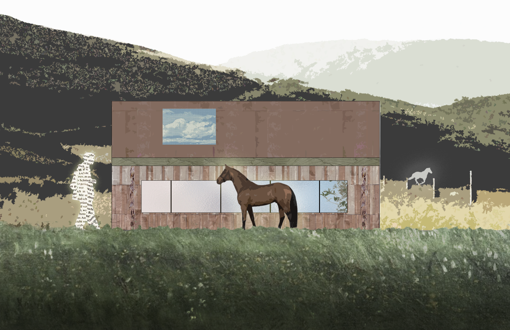 Existing barn form retained. Reclaimed timber cladding at ground level, masonry above. Large glazed panels replace solid wall, making interior activity visible from the meadow and landscape visible from within.