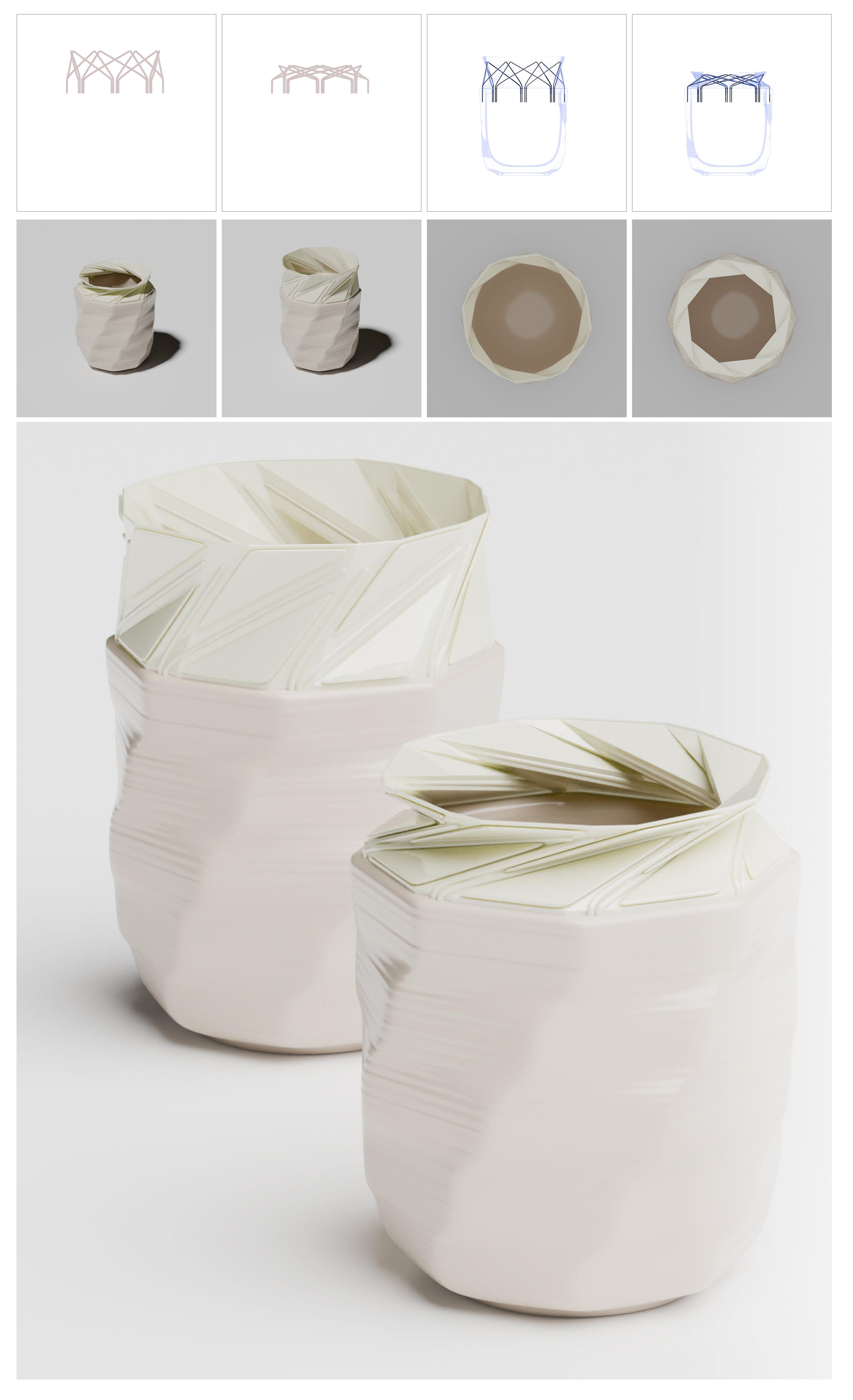 Concept renderings of two faceted white ceramic containers with origami-inspired folding lids, shown alongside top-row technical diagrams illustrating the lids' opening mechanism in wireframe and shaded views.