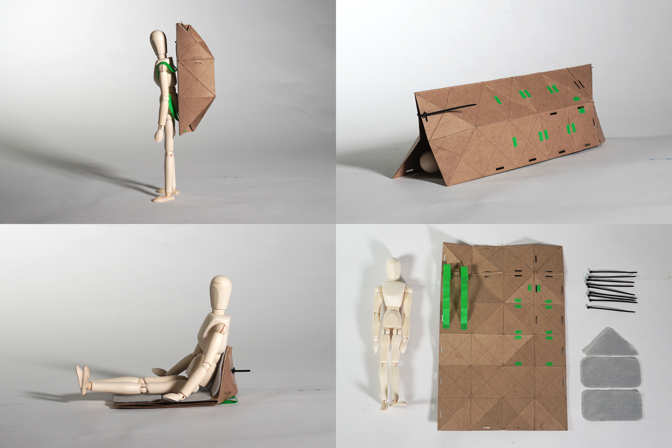 3-in-1 Convertible Shelter: A low-cost, lightweight convertible shelter that transforms from backpack to shelter to seat using origami-inspired folding methods.