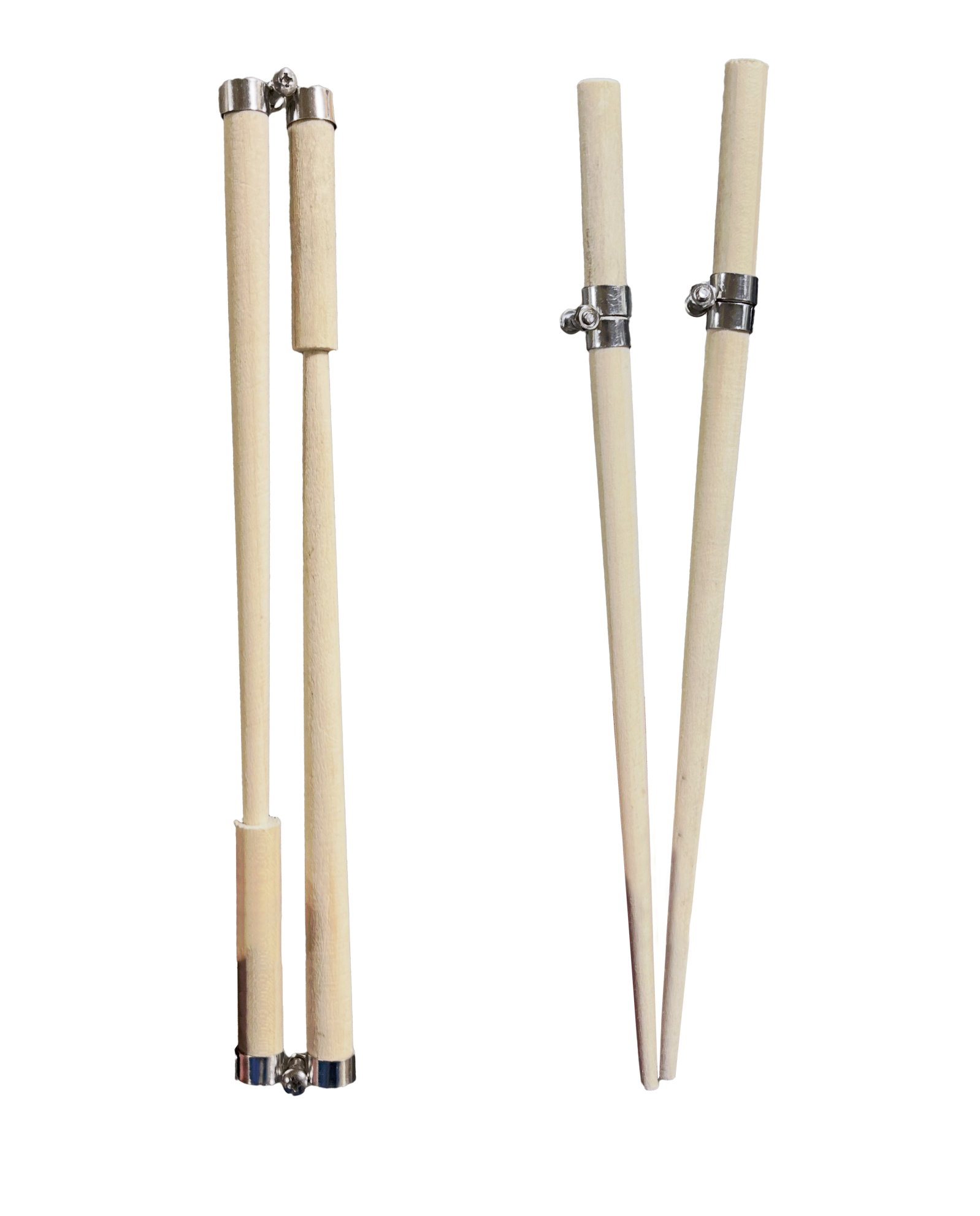 Two views of wooden travel chopsticks with metal magnetic bands near the top, shown collapsed and held together side-by-side on the left, and assembled in their full extended form on the right.