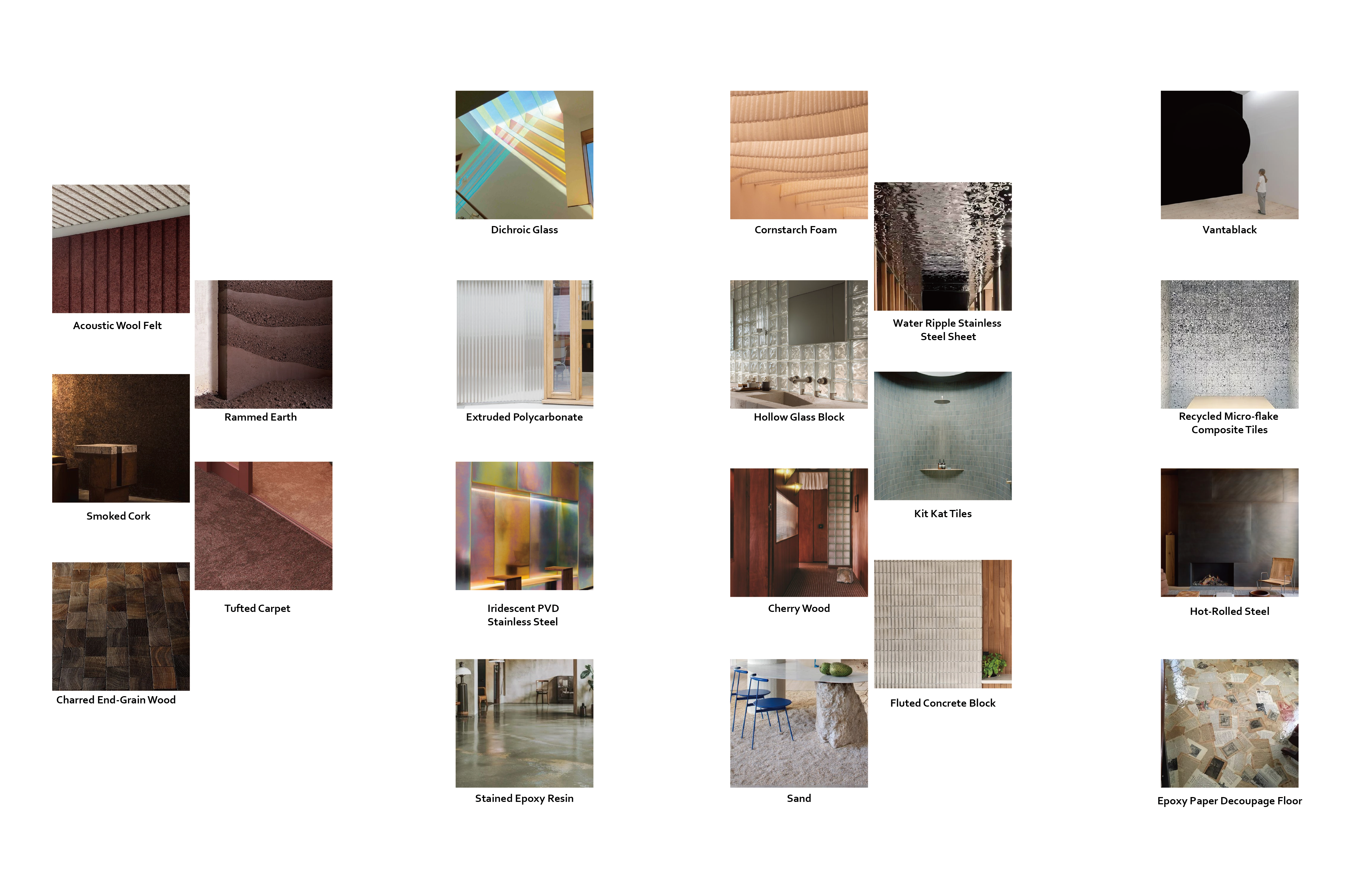 A curated white mood board displaying four columns of labeled architectural material swatches. It contrasts earthy textures like rammed earth with modern finishes like iridescent glass and stark Vantablack.