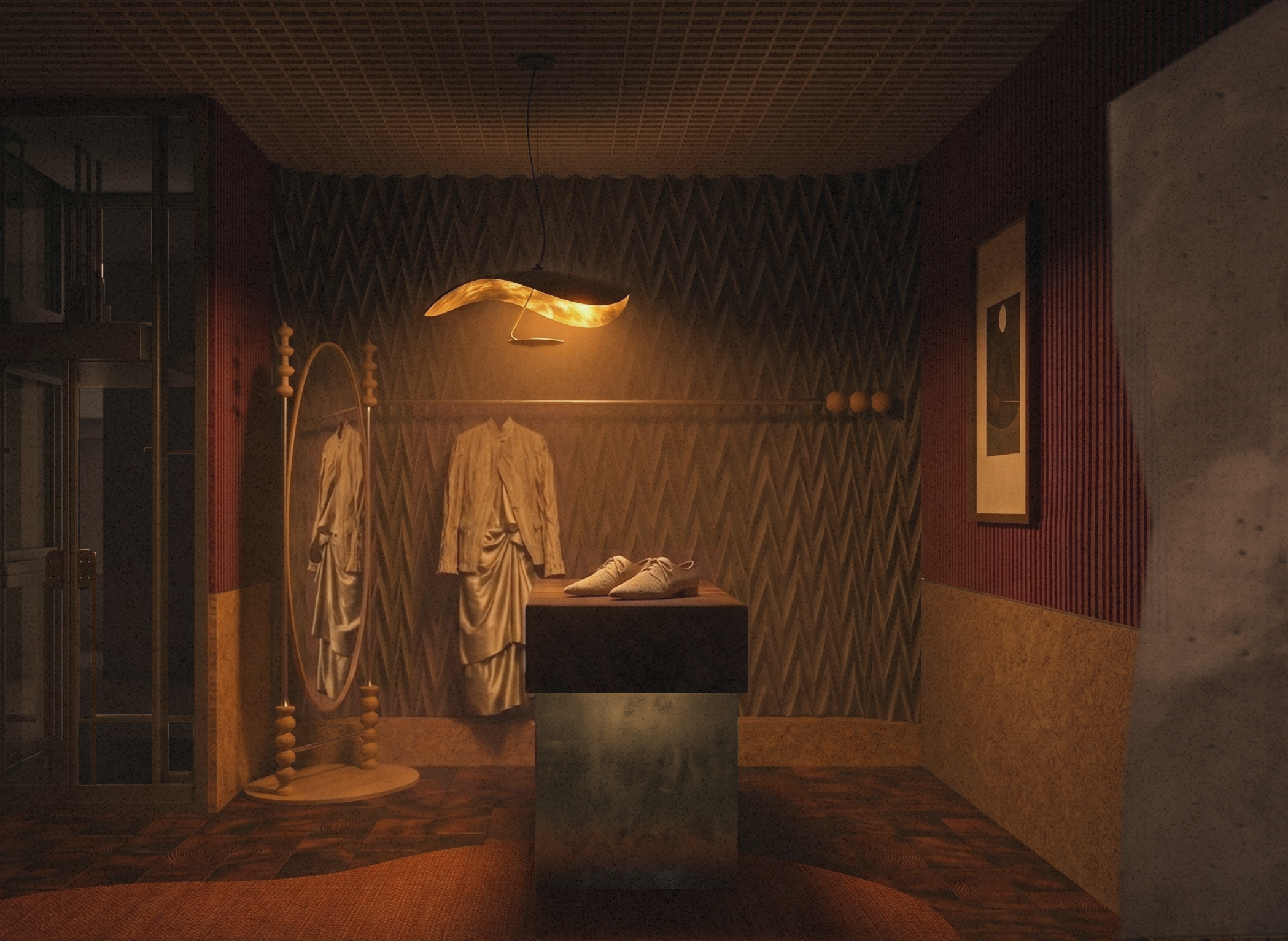 In a moody, amber-lit room, a wavy gold pendant illuminates pale shoes on a central plinth. Behind, a light garment hangs against a textured zig-zag wall beside an oval mirror.