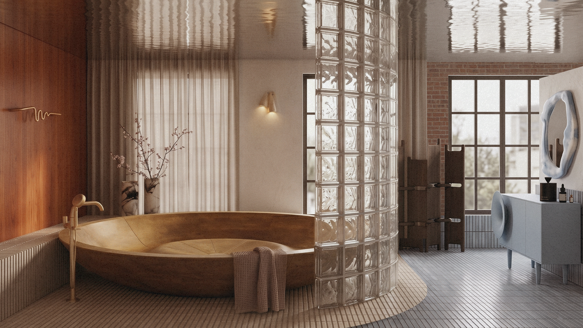 Beneath a reflective ceiling, a large circular wooden tub anchors a serene bathroom. A curved glass-block wall partially encloses it, contrasting with a pale blue vanity on the right.