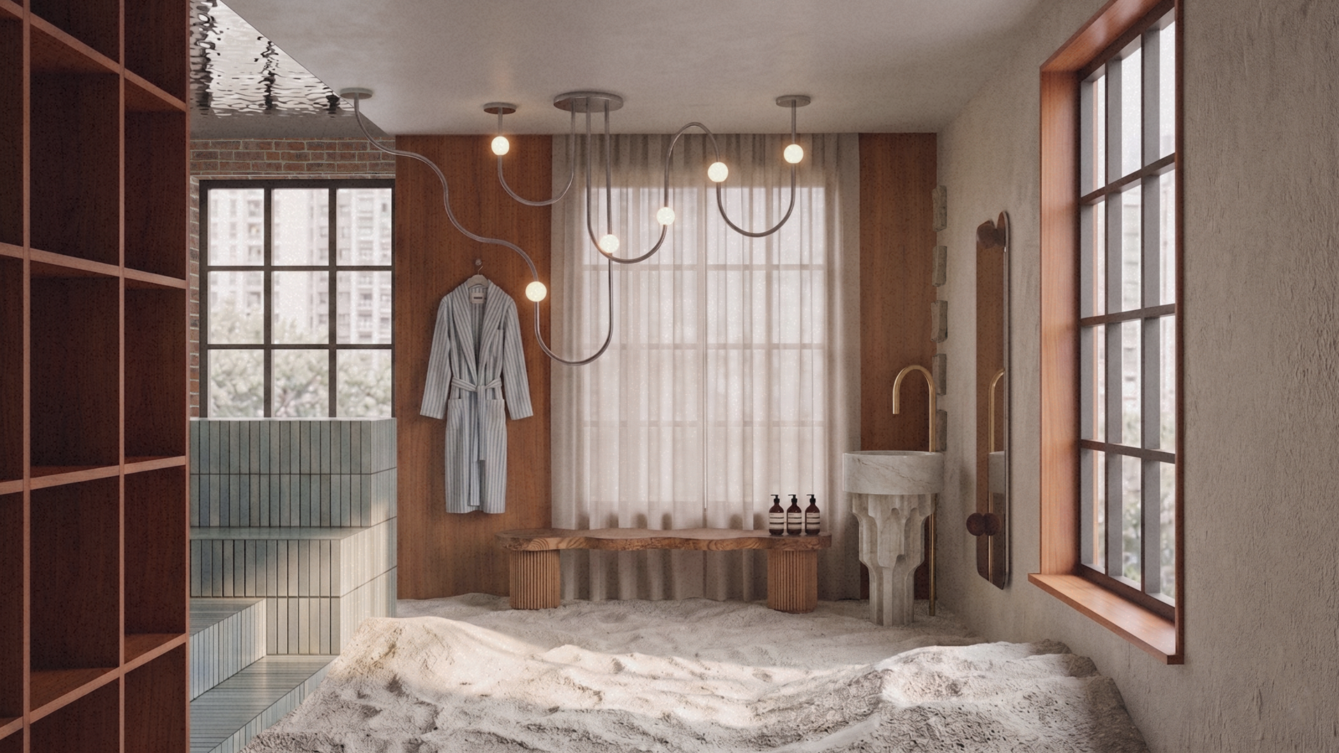 An undulating sand floor grounds a surreal, earthy bathroom. A winding, tubular ceiling light illuminates a striped robe, a wooden bench, and a carved stone sink against wood paneling.