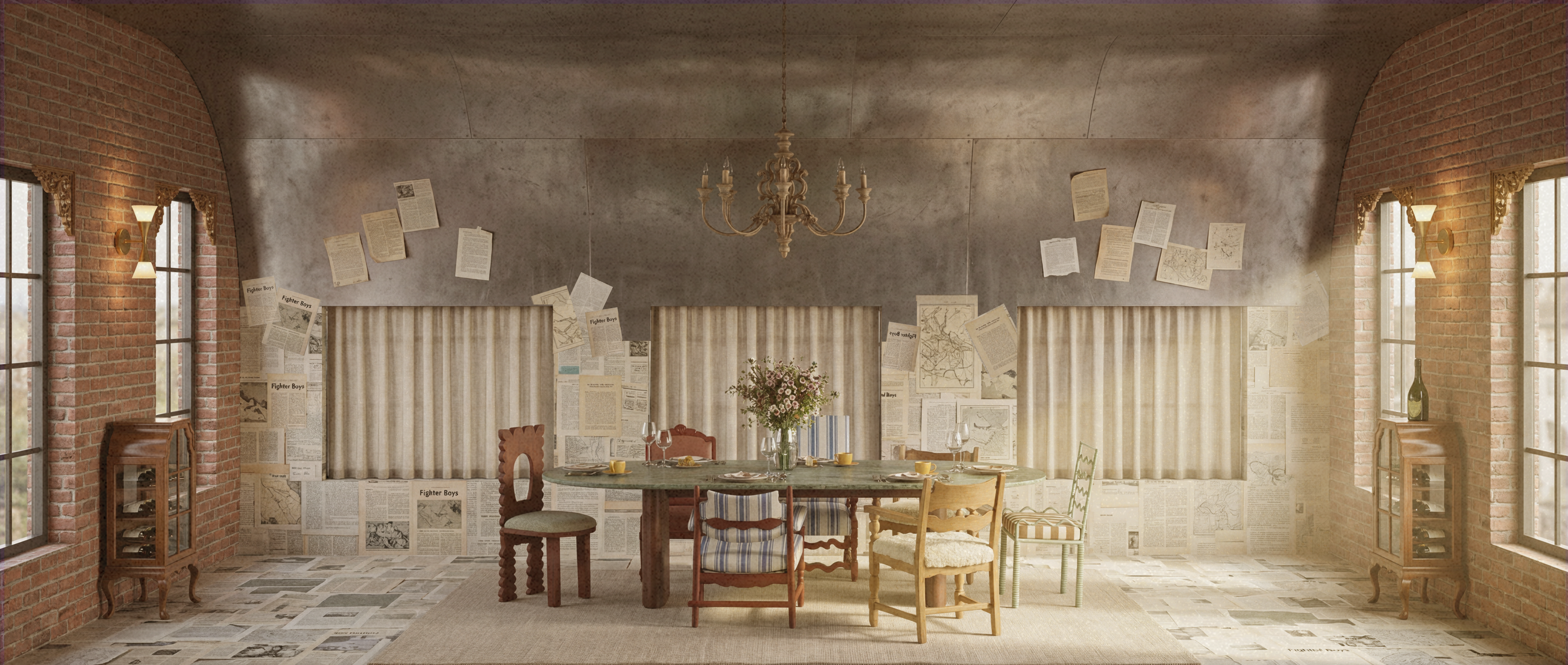 Sunlight warms an eclectic dining room flanked by brick walls. Beneath a curved metal ceiling, a chandelier centers an oval table, while scattered papers haphazardly plaster the back wall.