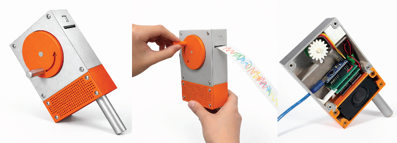 Silver and orange Jukebox 2.0 device that reads colored drawings and converts them into music.