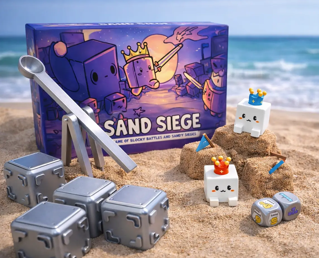 Sand Siege kit on a beach with modular blocks, box, and hand-powered catapult for sand structure gameplay.
