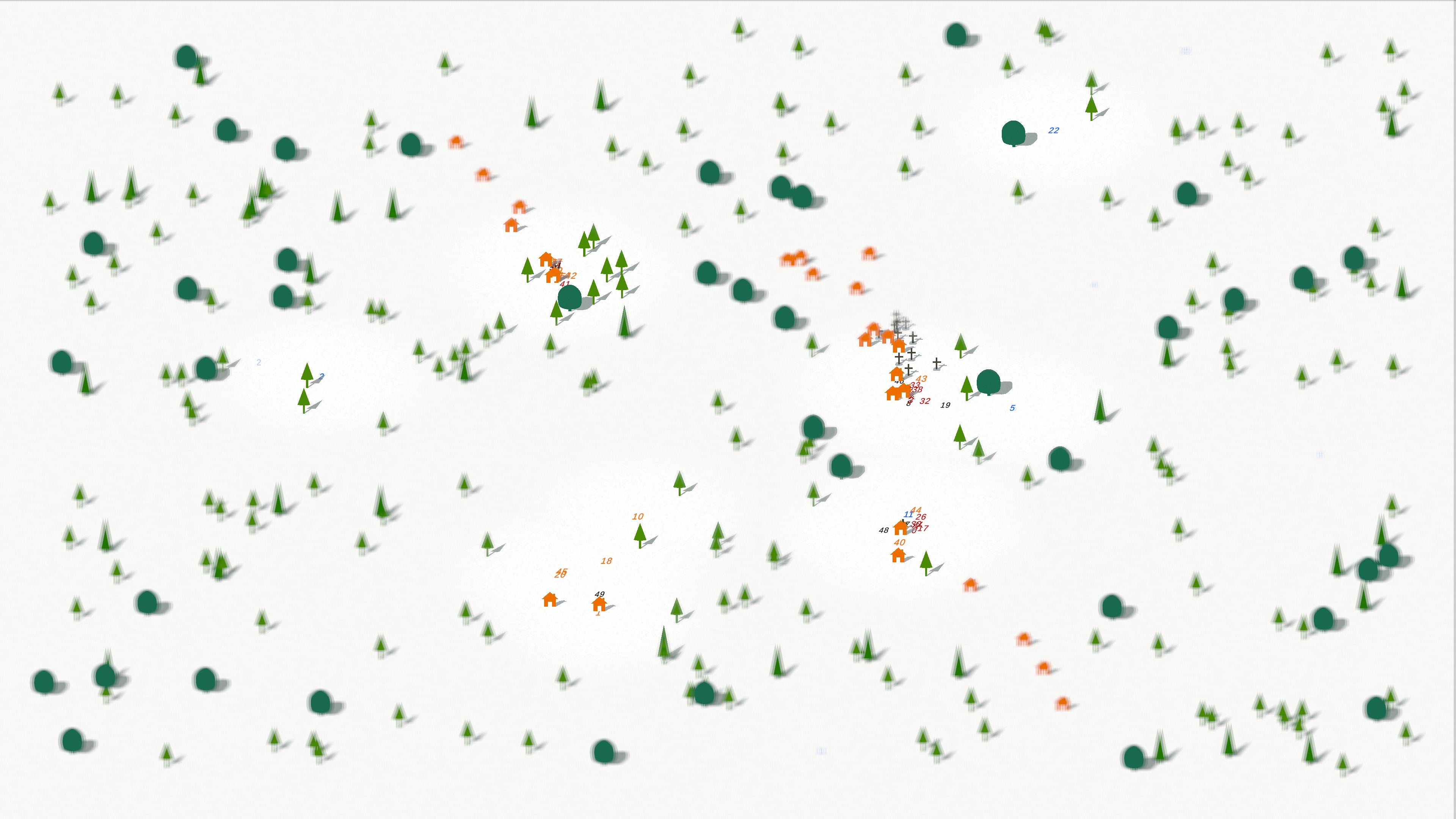 Top-down view of a minimal simulation landscape with scattered trees and small colored figures clustering and moving across a light background.