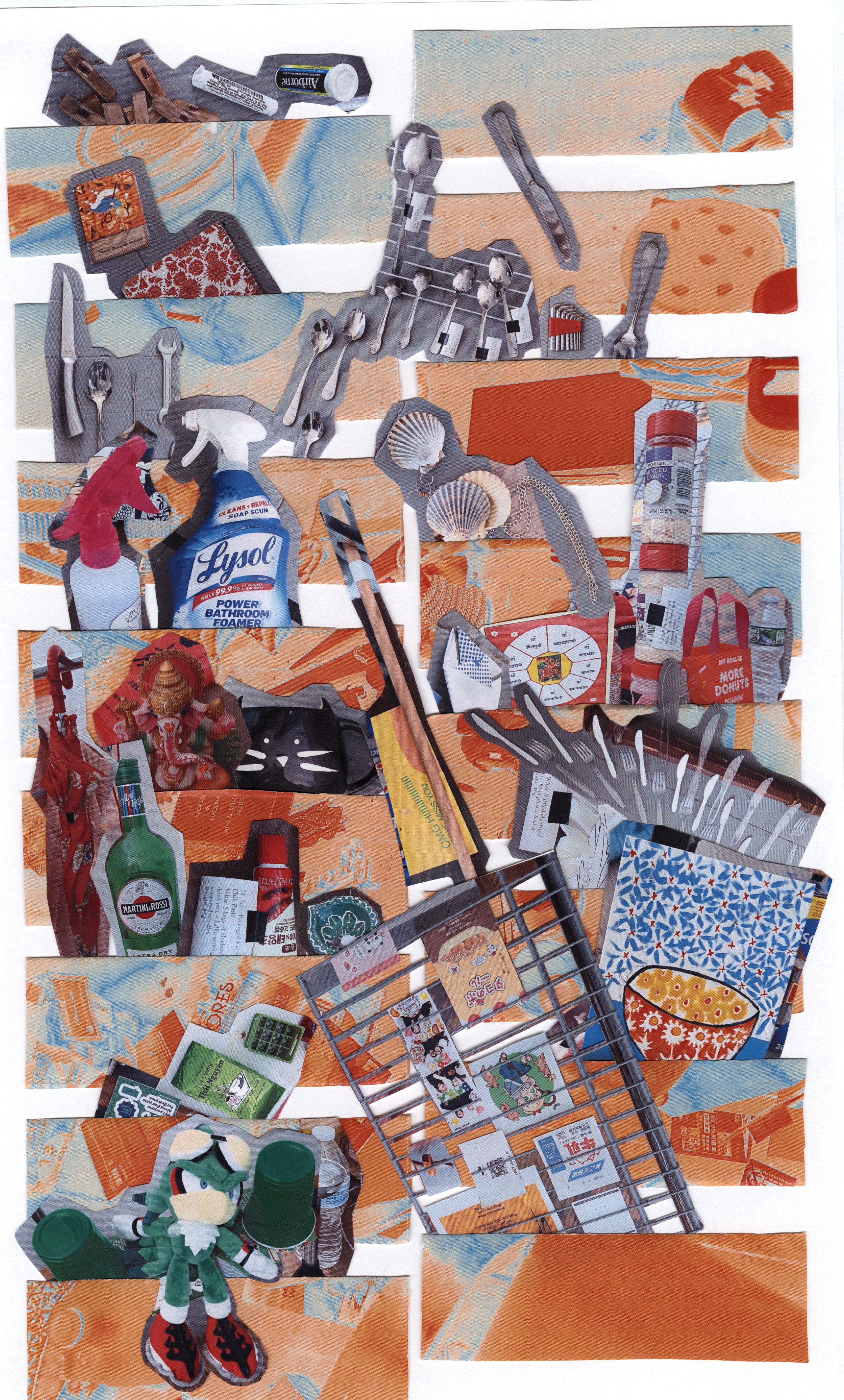 Mixed-media collage of everyday objects including utensils, cleaning spray, shells, groceries, tools, and packaging arranged over orange and blue abstract strips, with a metal rack and small toys.