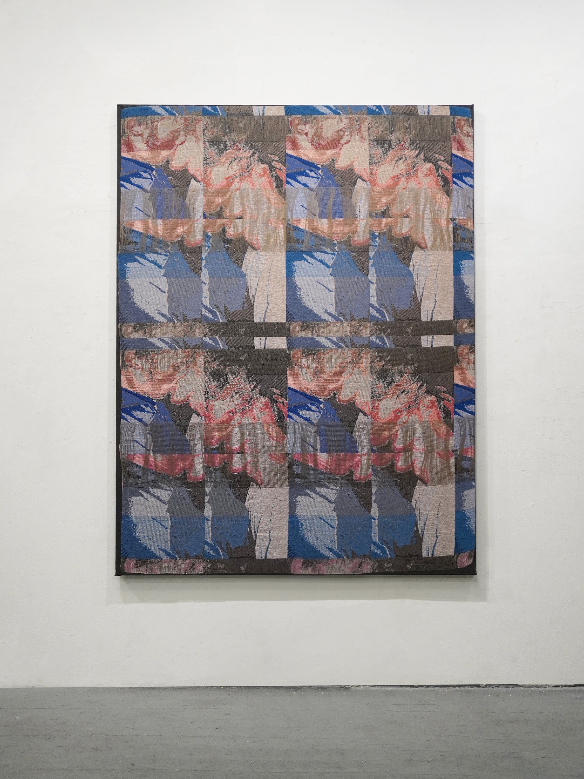 A woven textile pattern repeating a pixelated image of two men kissing, arranged in a four-part grid. Color shifts and layered yarn threads partially obscure and fragment the figures across the fabric