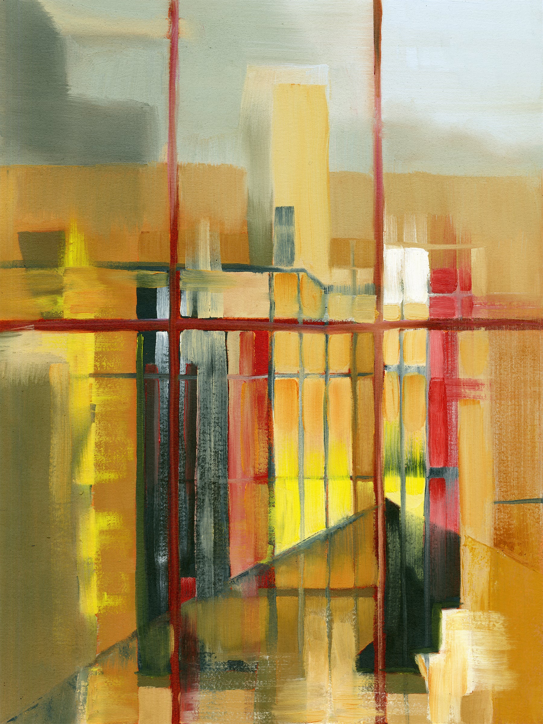 A warm painting of sunset light falling on the building facade in a courtyard opposite a window. The window grid structures the composition, with color bleeding softly across its dividing lines