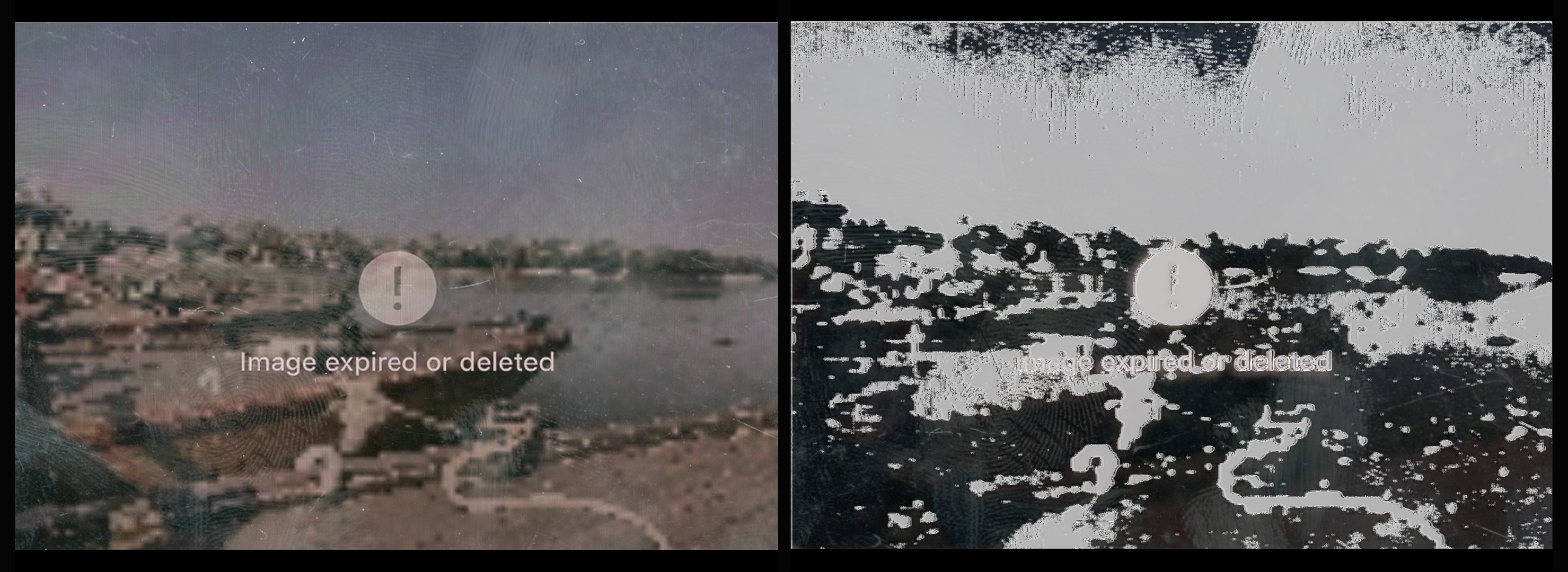 Blurred riverside with boats under blue sky labeled “Image expired or deleted”; right shows high-contrast degraded version with same text.