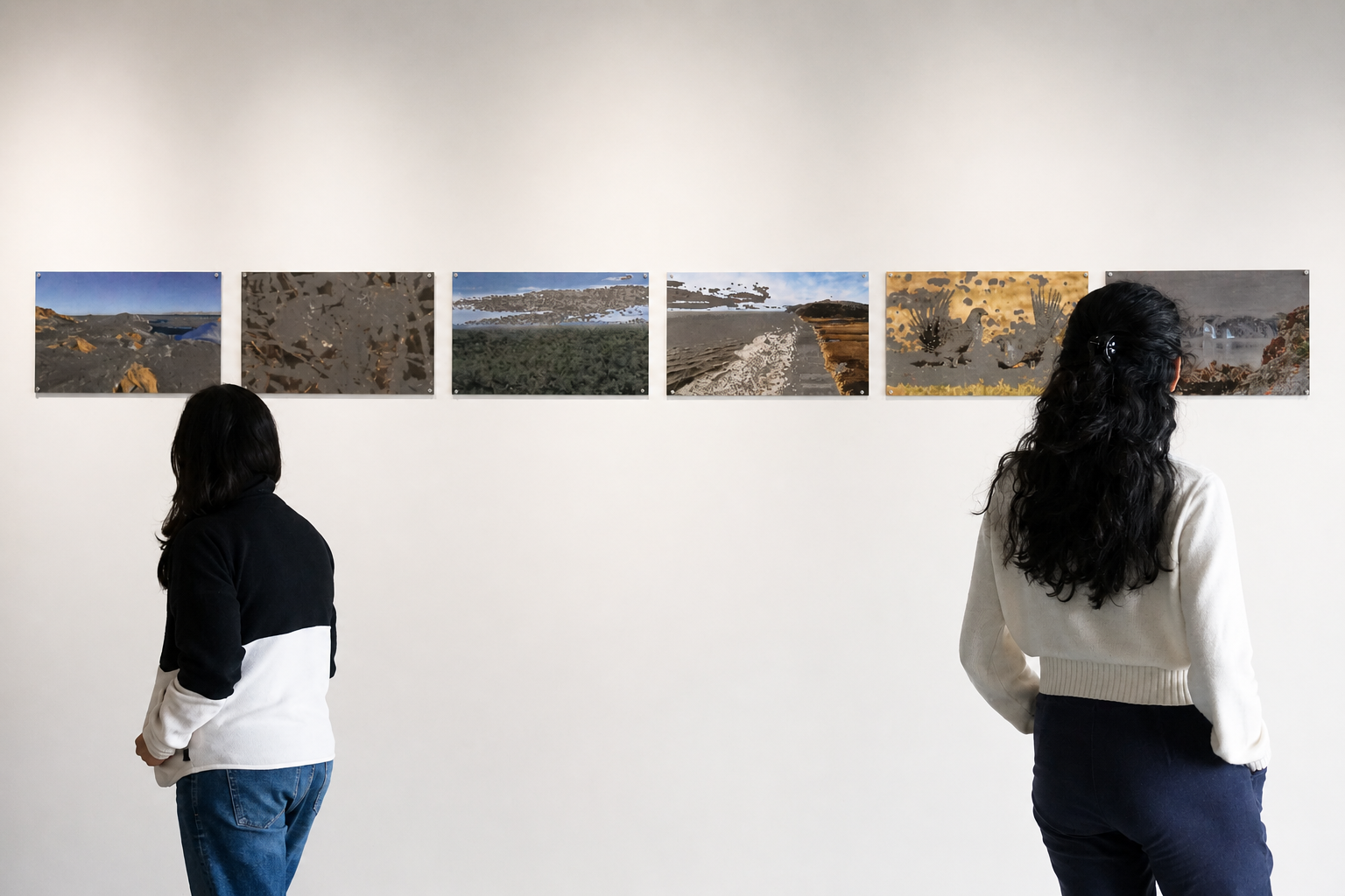 "Two viewers look at a horizontal row of six landscape photographs. The images show varied terrains like rocky desert, dried earth, a shoreline, eroded cliffs — all in muted earth tones, and several appear to have areas of visual disruption or digital intervention where portions of the landscape seem to dissolve as though parts of the image have been selectively eroded or composited. "