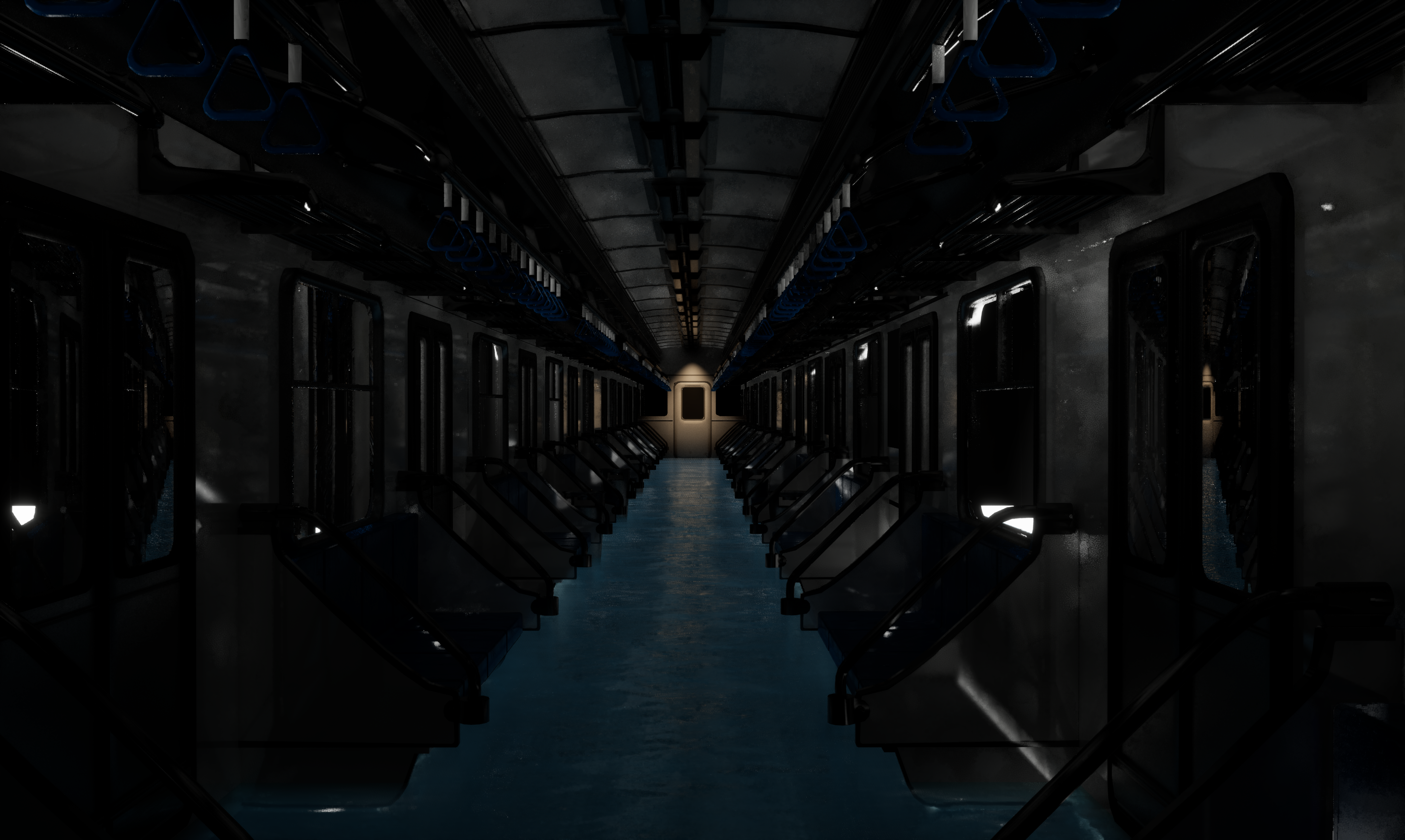 A dark, empty subway carriage with a long aisle, rows of seats, hanging straps, and dim light glowing softly at the far end.