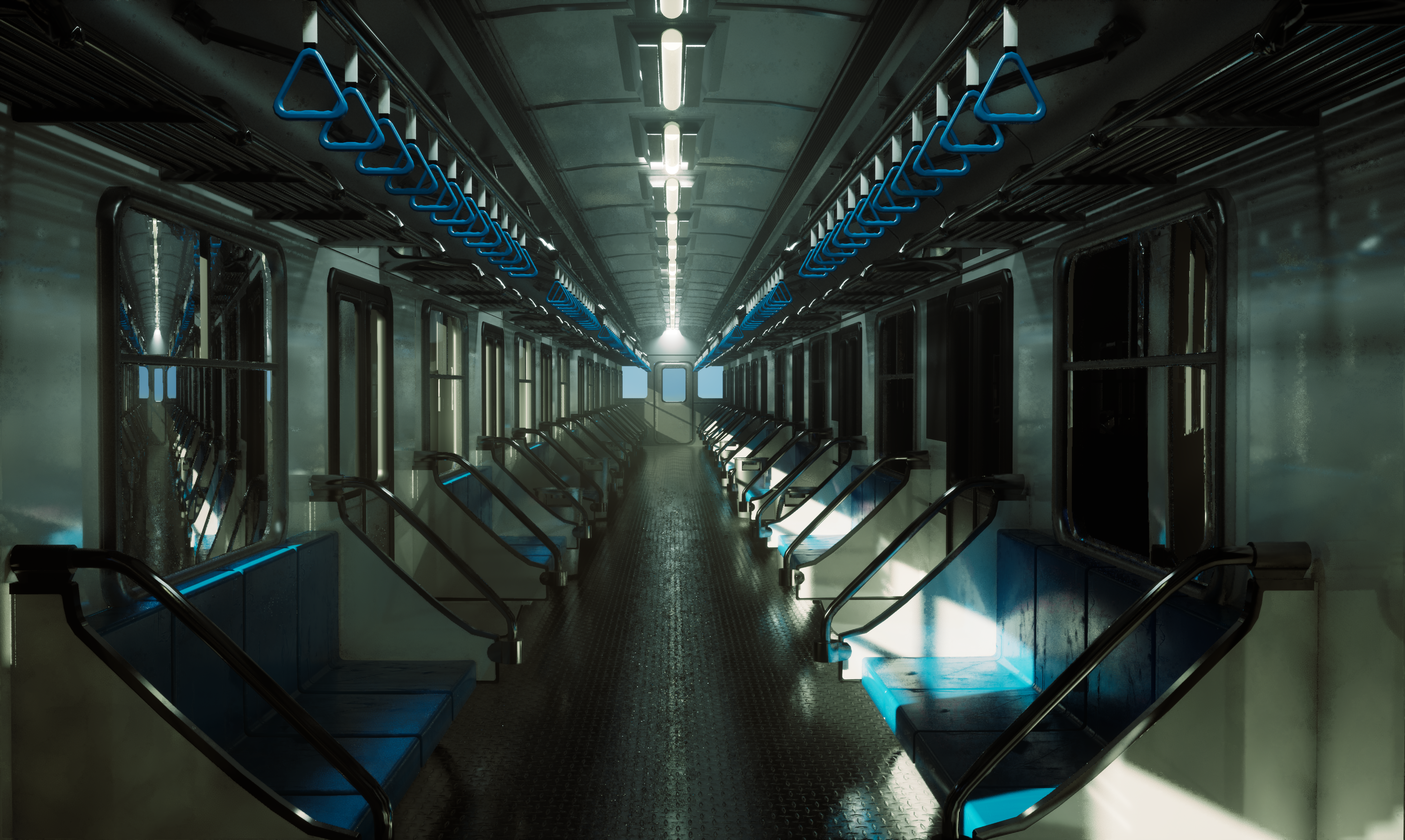 A bright, empty subway carriage with a long central aisle, blue hand straps, rows of seats, and light streaming through windows, leading toward a distant door.