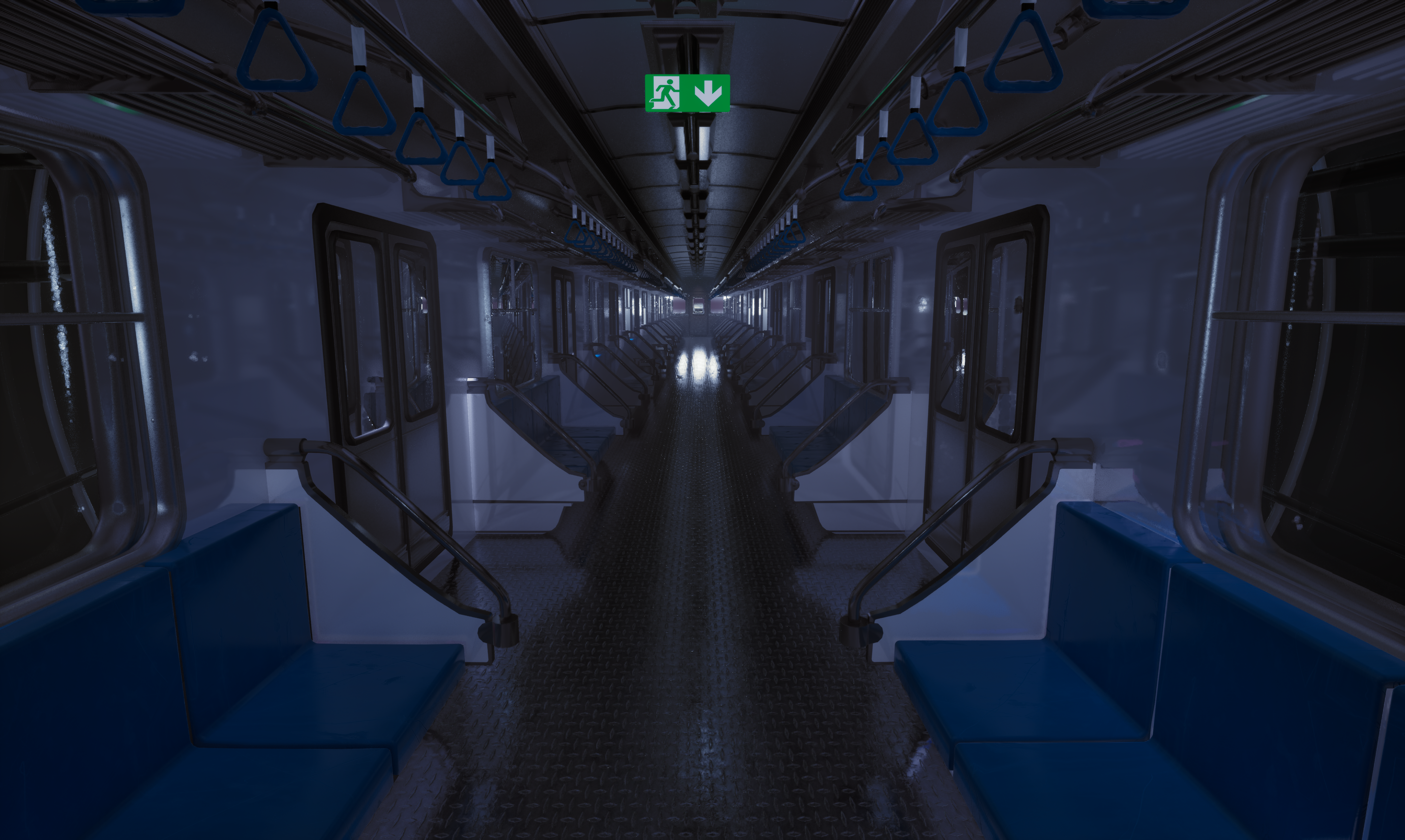 A dim, empty subway carriage with blue seats and hanging straps, a long reflective aisle, and a glowing green exit sign above, fading into misty light ahead.
