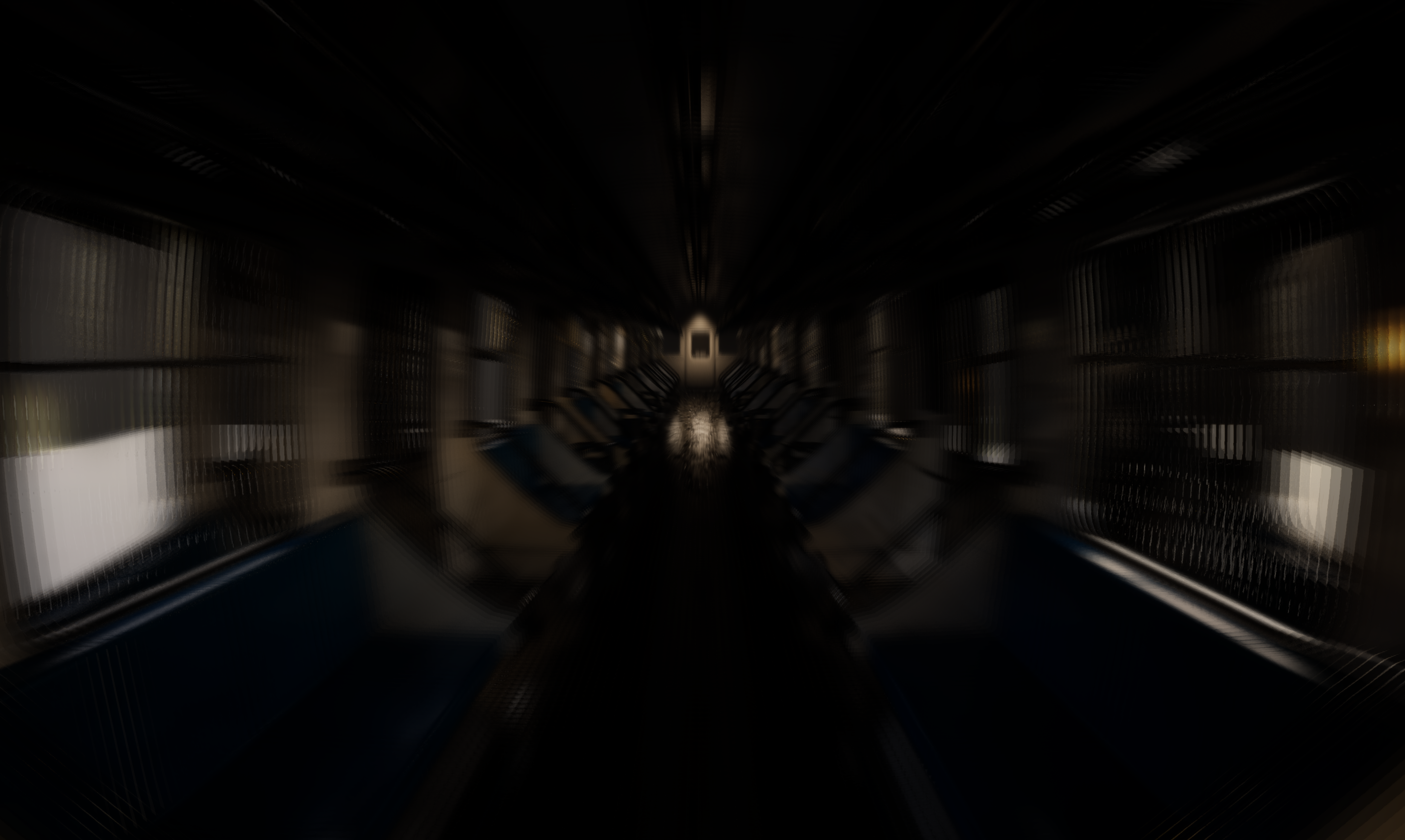 A dark subway carriage with strong motion blur, a long central aisle, and faint light at the end, creating a fast, tunnel-like and disorienting feeling.